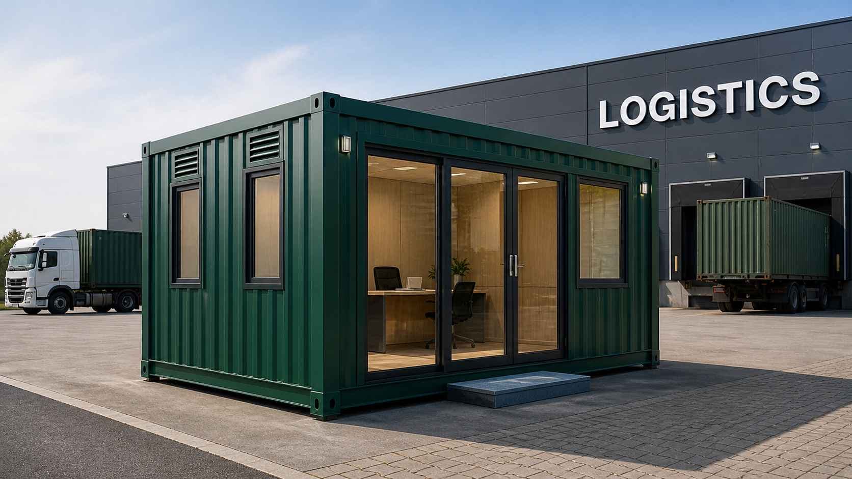 MS portable cabin at a logistics facility — 20x12 ft mild steel structure with sliding door and ventilation panel for factory yard use