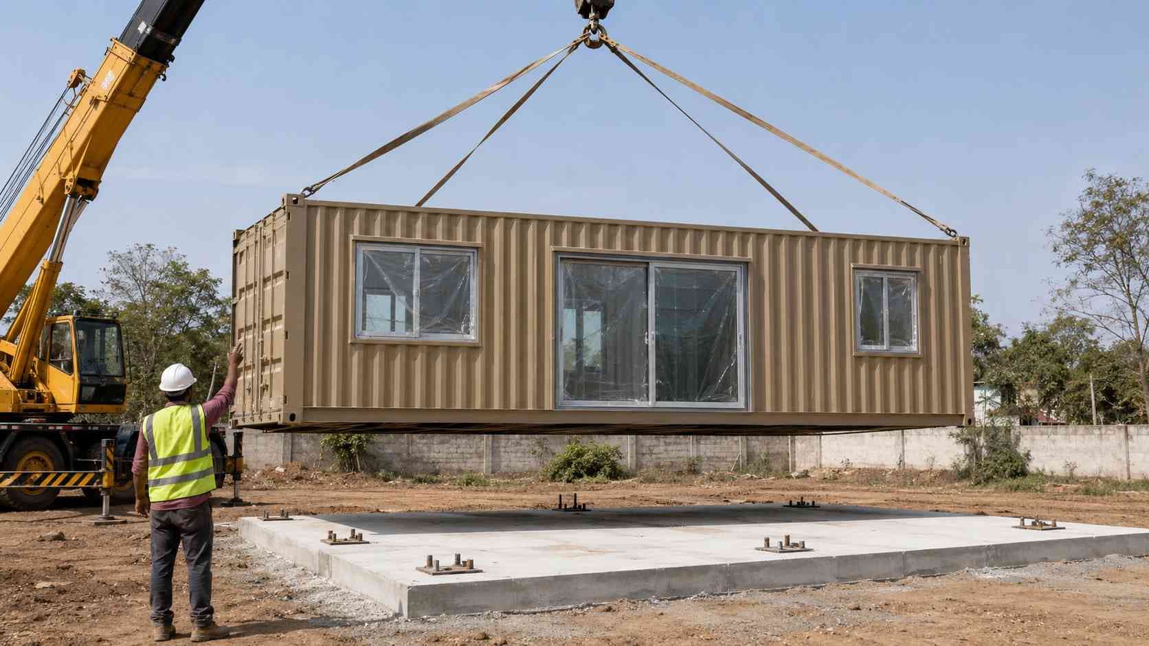 Factory-finished luxury container house being crane-lowered onto a prepared concrete plinth at an Indian residential site