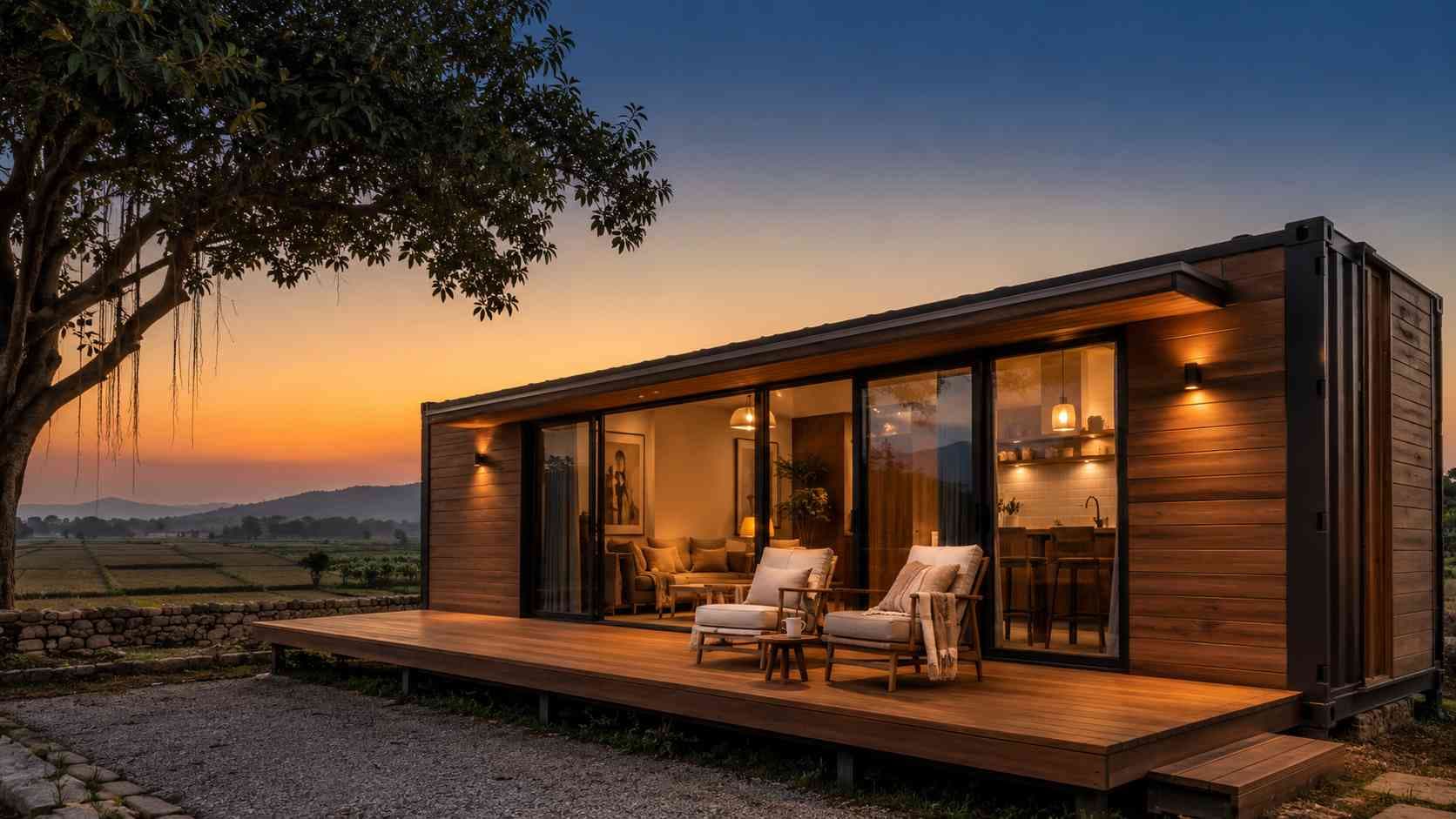 Luxury container house as a weekend farmhouse retreat at dusk, with timber deck, warm interior lighting, and open Indian farmland setting