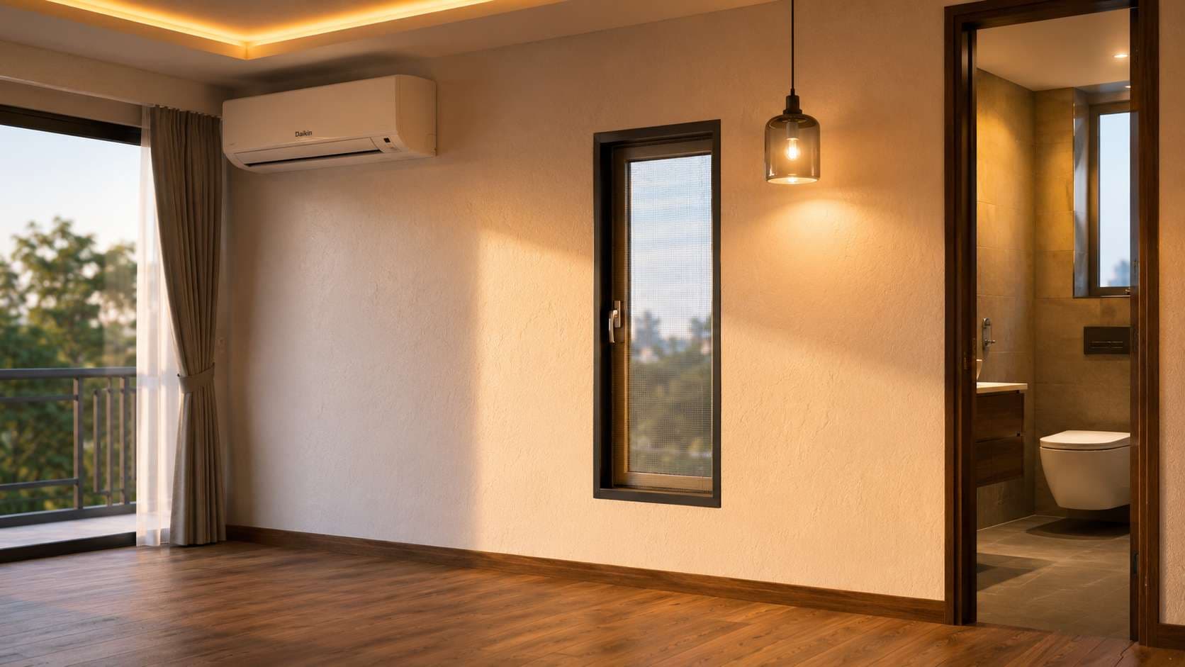 Luxury container house interior detail showing wooden-effect flooring, gypsum-finished walls, and recessed cove lighting