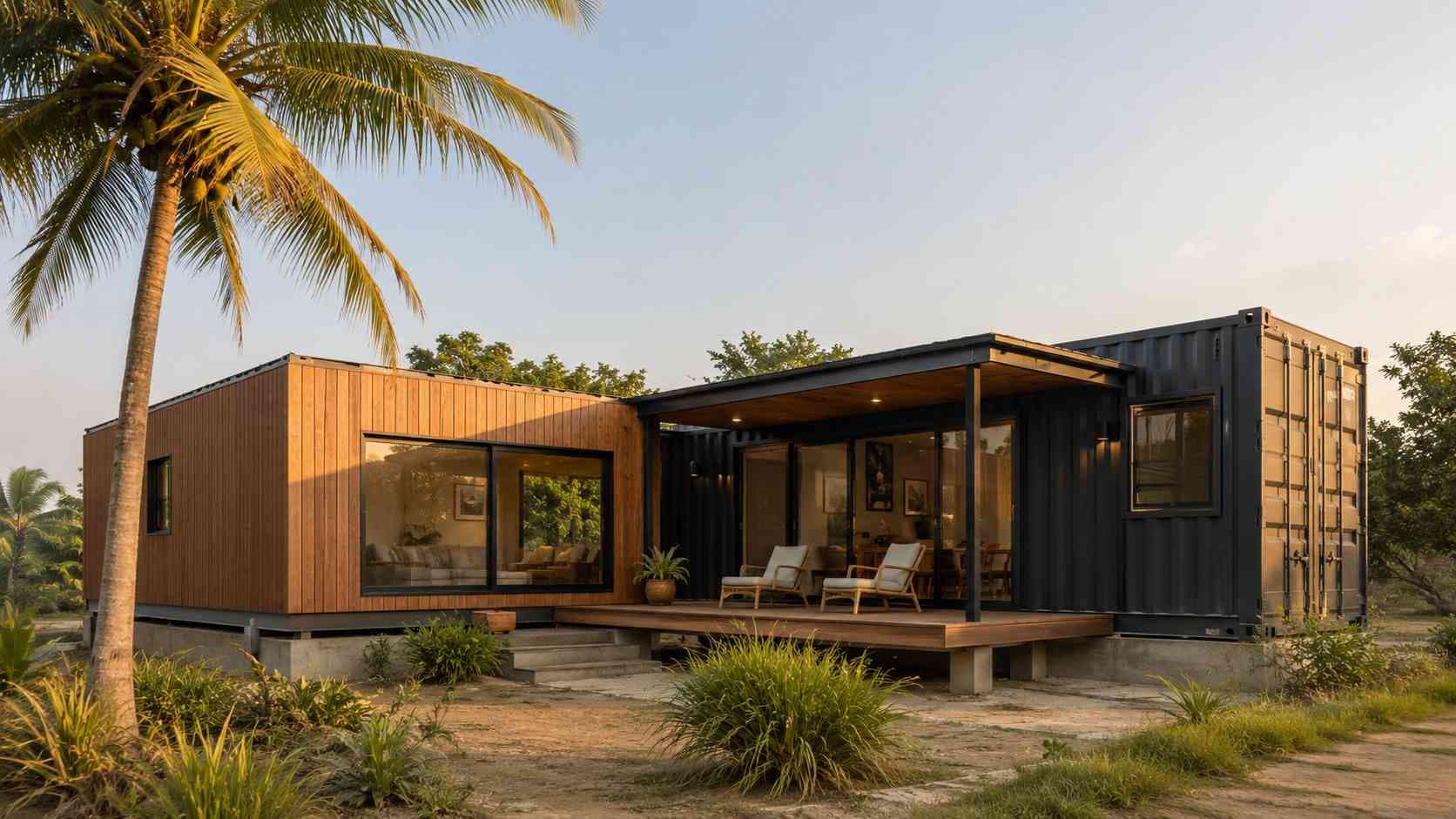 Luxury container villa exterior with two 40 ft units joined in an L configuration, covered veranda, and designer mixed-cladding finish