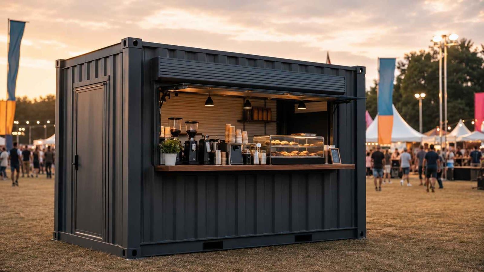SAMAN mobile cafe deployed at a festival ground in evening light, with the service window open — the events-circuit scenario described in the long description.