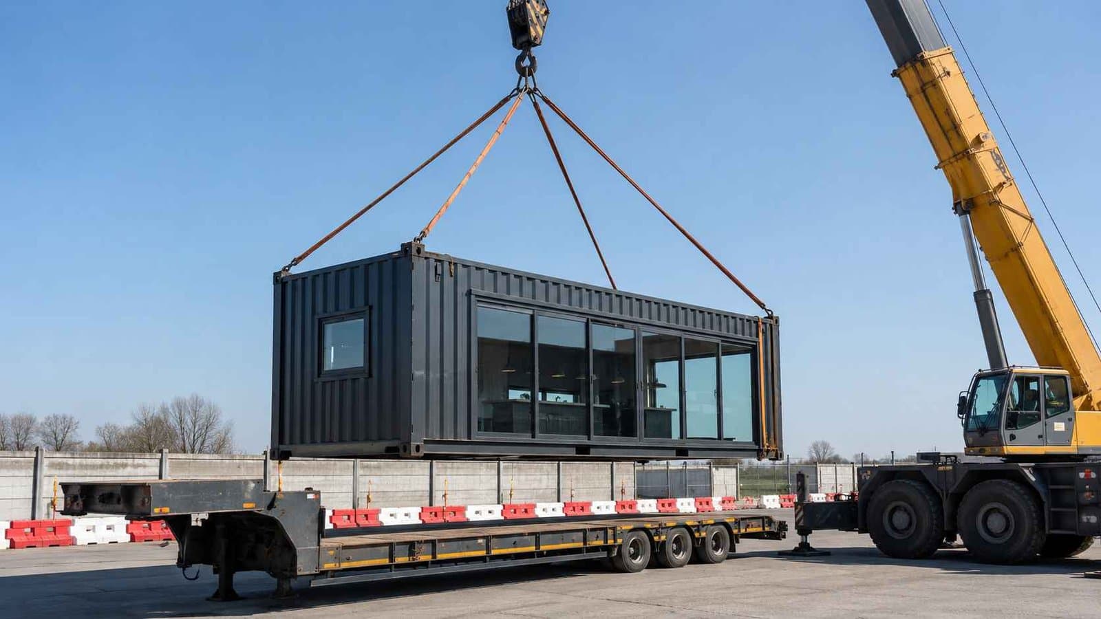 22×12 mobile restaurant container mid-lift by 25-tonne crane onto a low-bed flatbed trailer for a flagship-to-flagship move