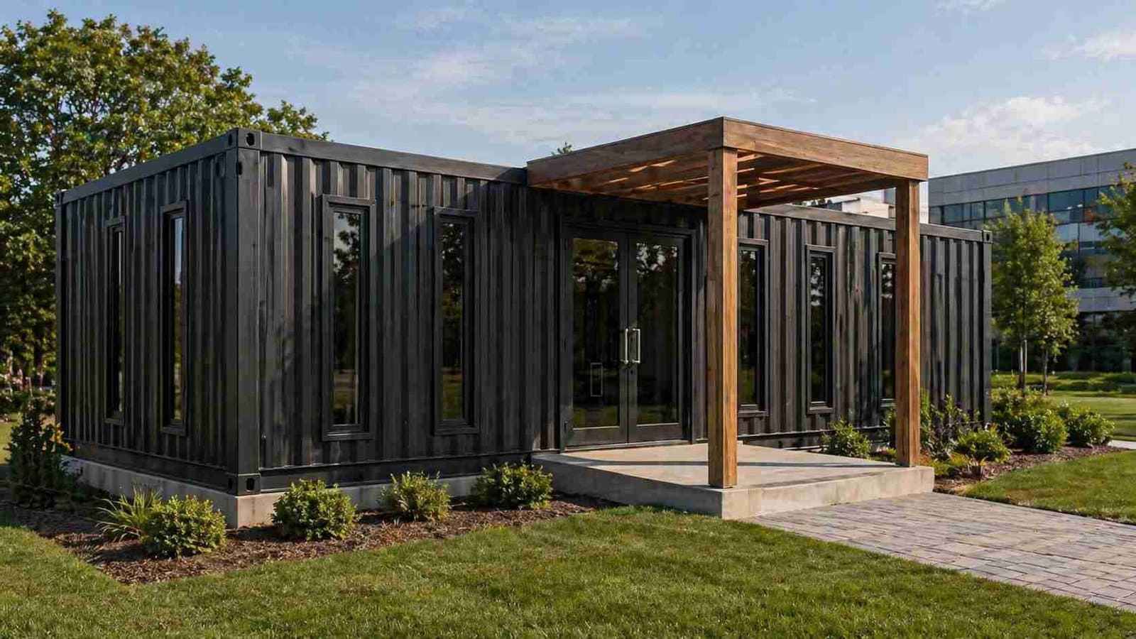 luxury porta cabin premium exterior wooden canopy entry executive site office SAMAN