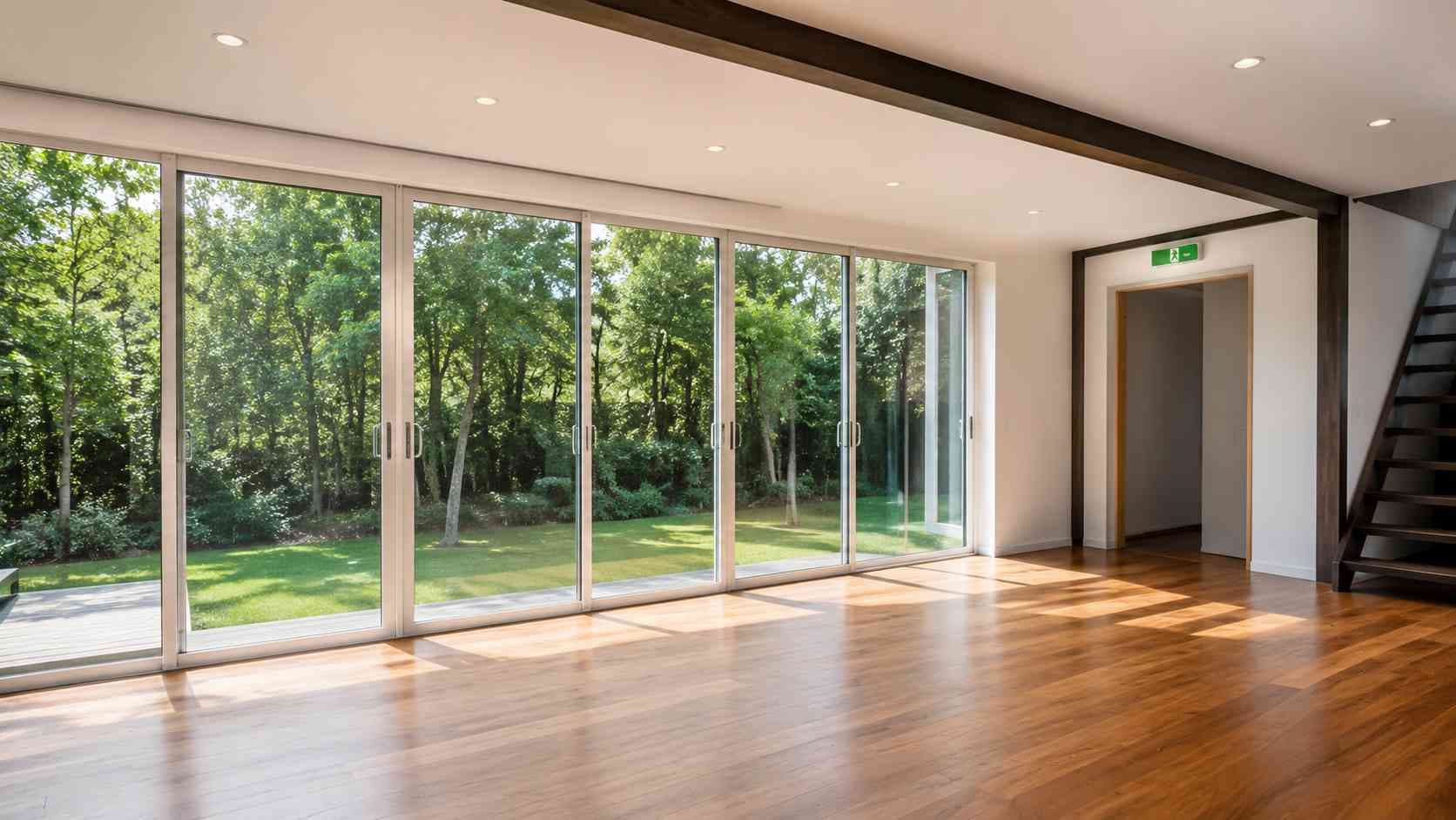 Bright open interior of a shipping container home with wood floor and glass-slider wall