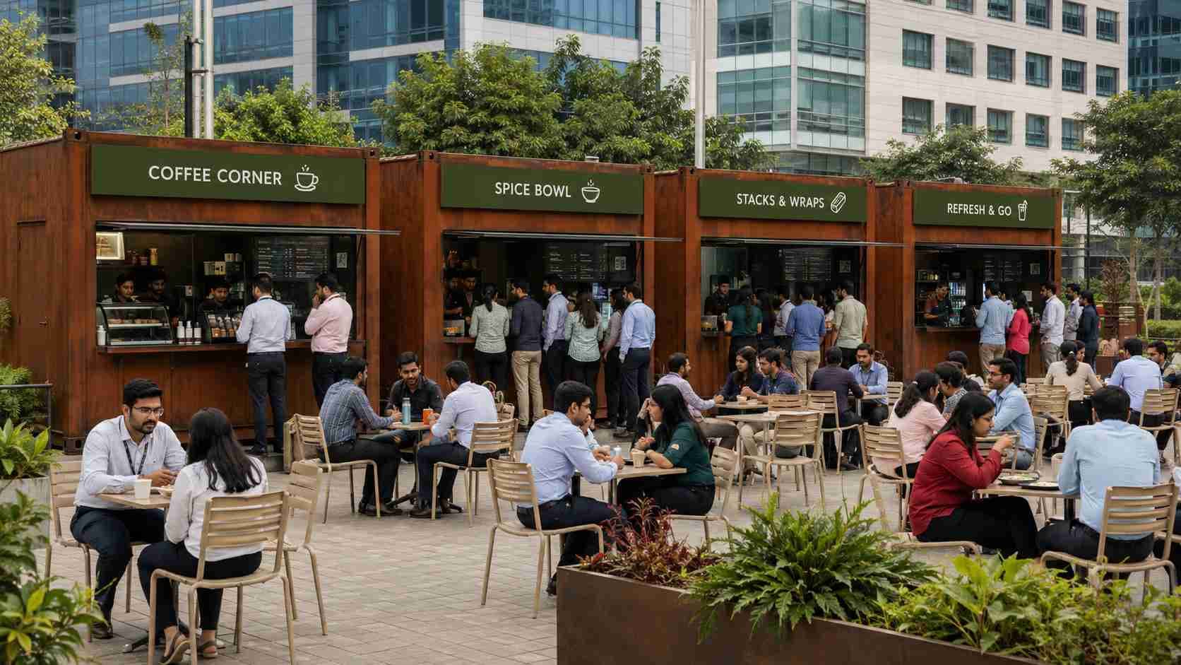 Busy four-unit modular container cafe operating as a food court in an Indian tech-park lunch setting — multiple service windows, shared outdoor seating, customer queues
