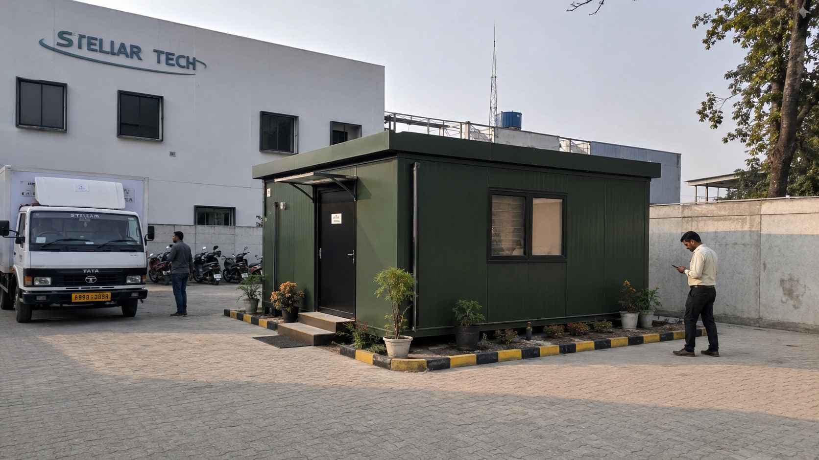 Forest Green modular office building installed on an Indian SME business compound.