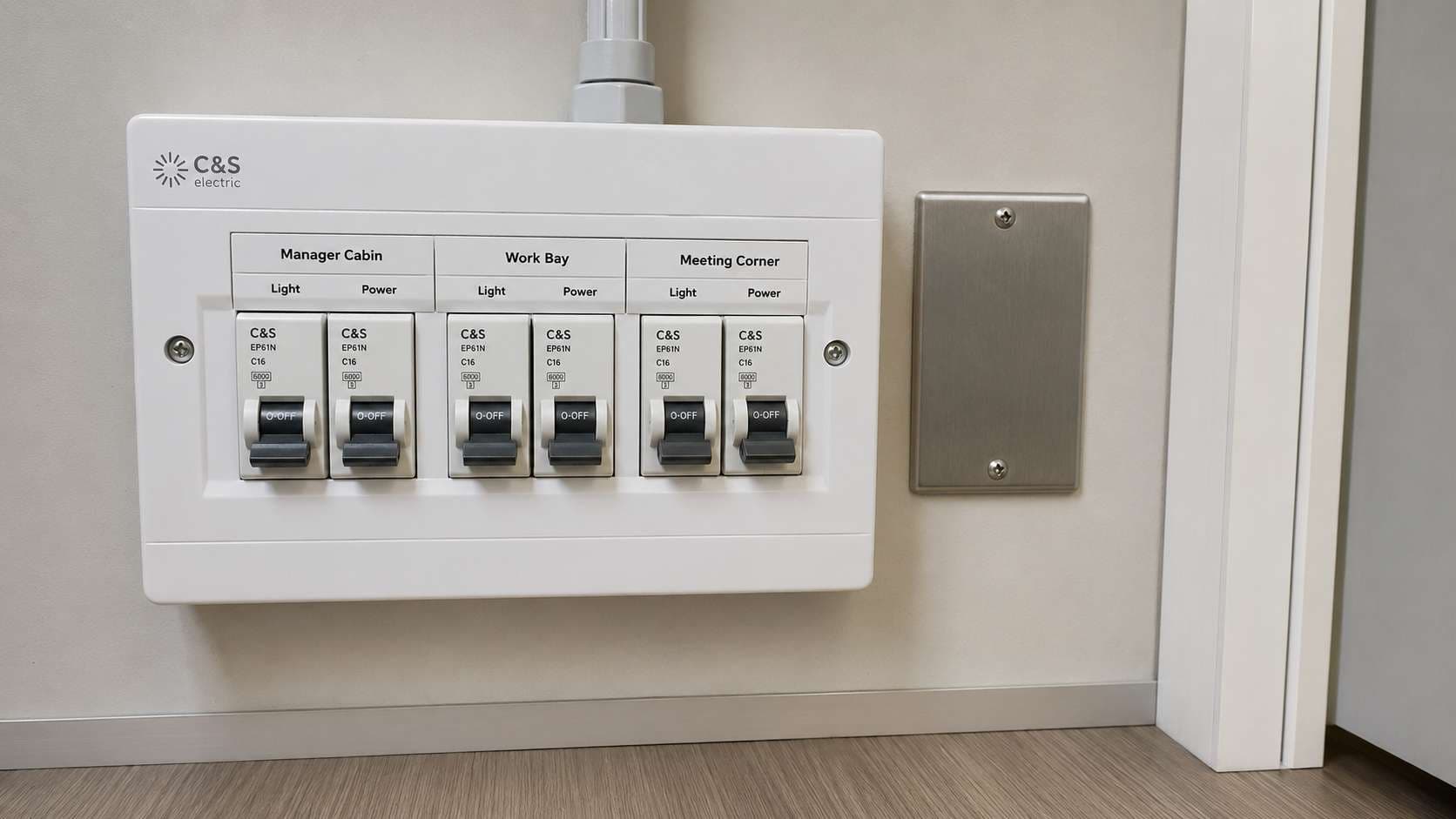 MCB switchboard inside a modular portable office cabin showing three labelled sub-circuits for manager cabin, work bay, and meeting corner.