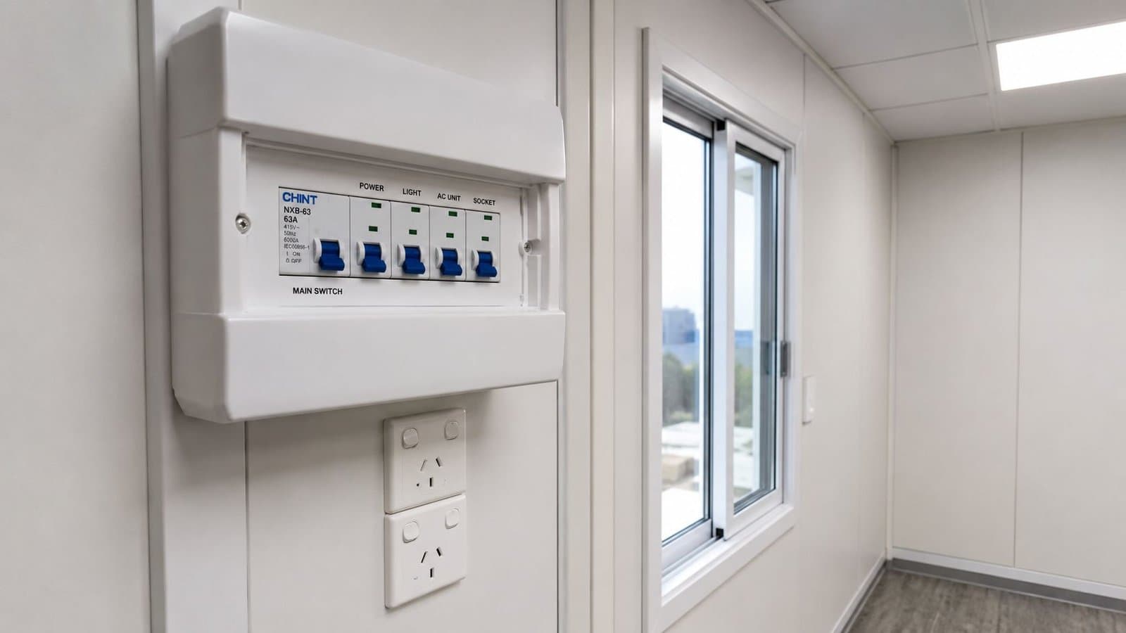 Factory-installed MCB switchboard and double power sockets inside modular portable office module near entrance