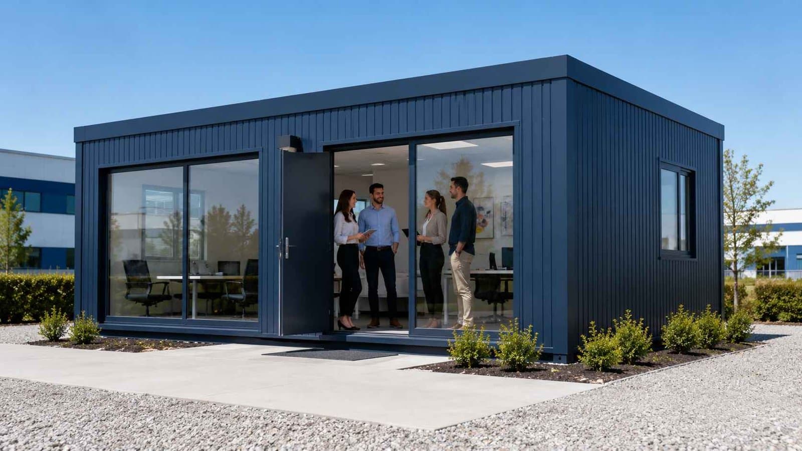 Single navy blue modular portable office building with team of four at the entrance, operational as standalone unit