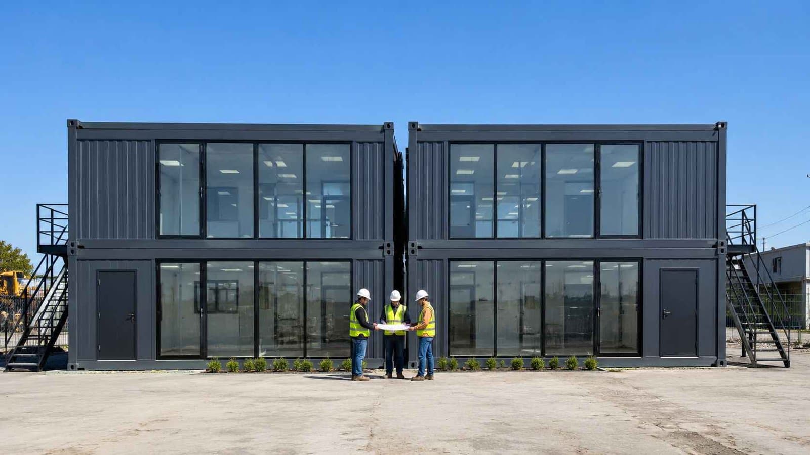 Two slate charcoal modular portable office buildings placed side by side showing the module connection point