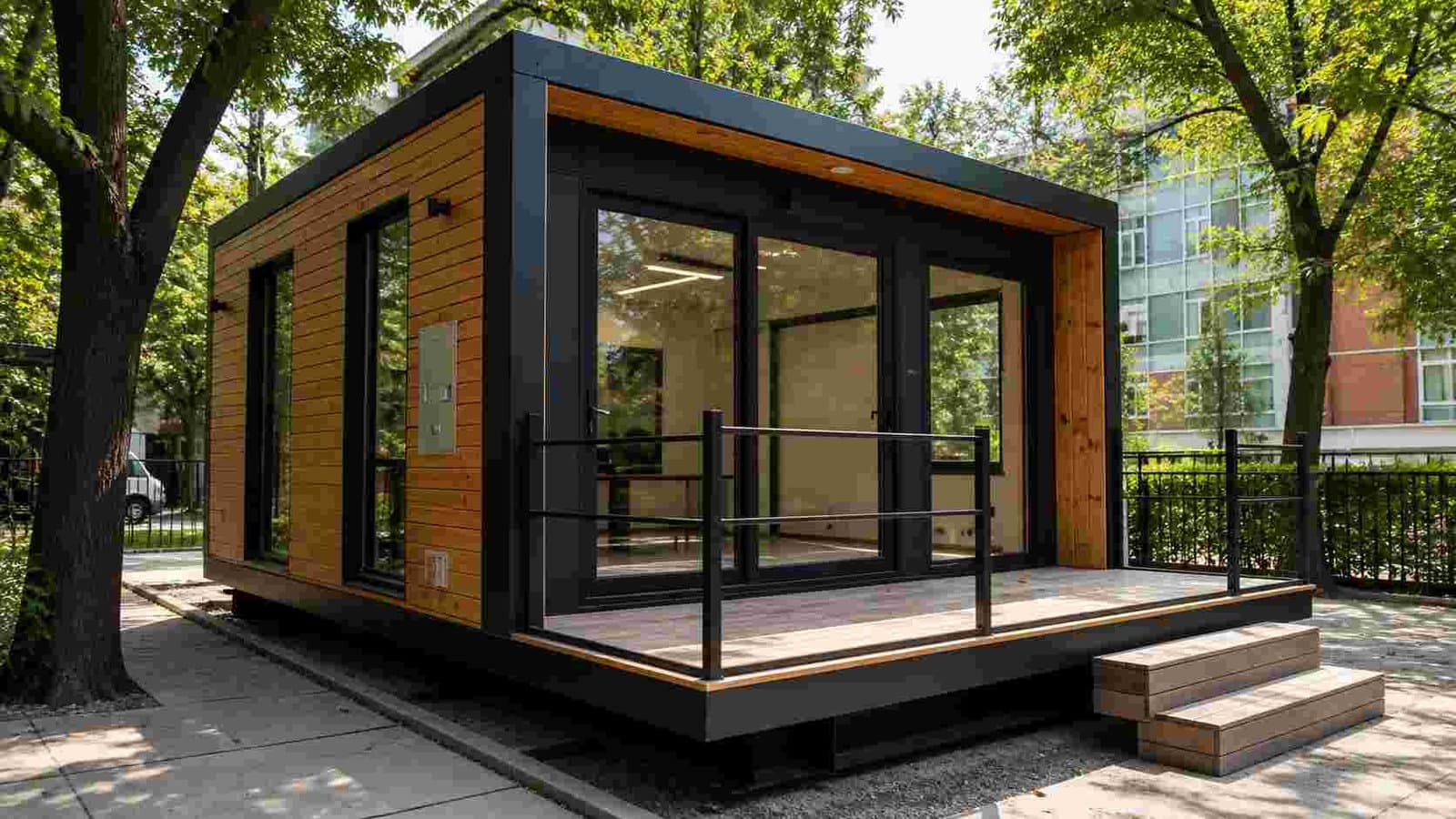 Office portable cabin with lockable door and large windows in a leafy outdoor setting