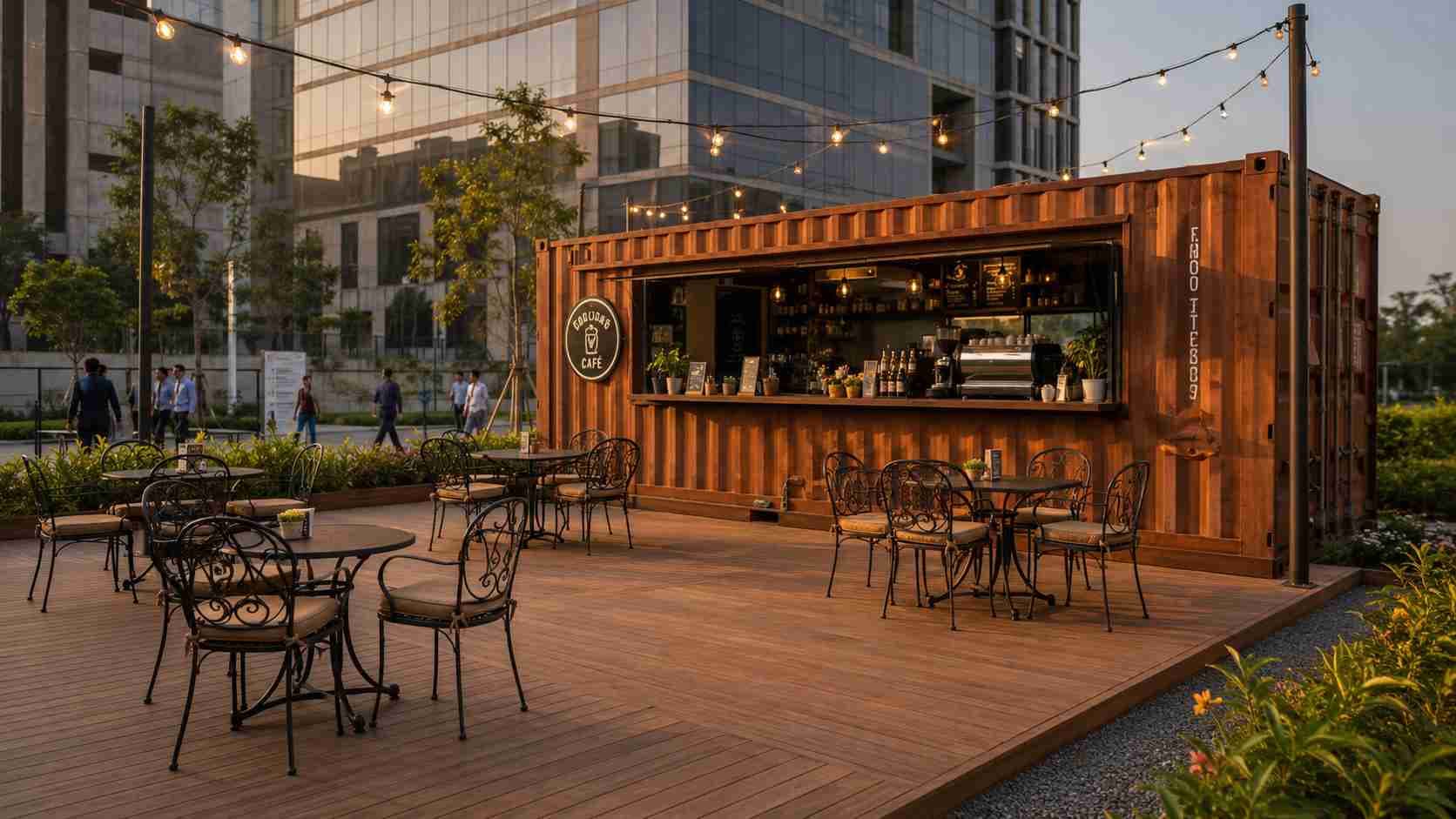 Outdoor container cafe seating with a wooden deck around a SAMAN 20-ft shipping container in an Indian business-park courtyard
