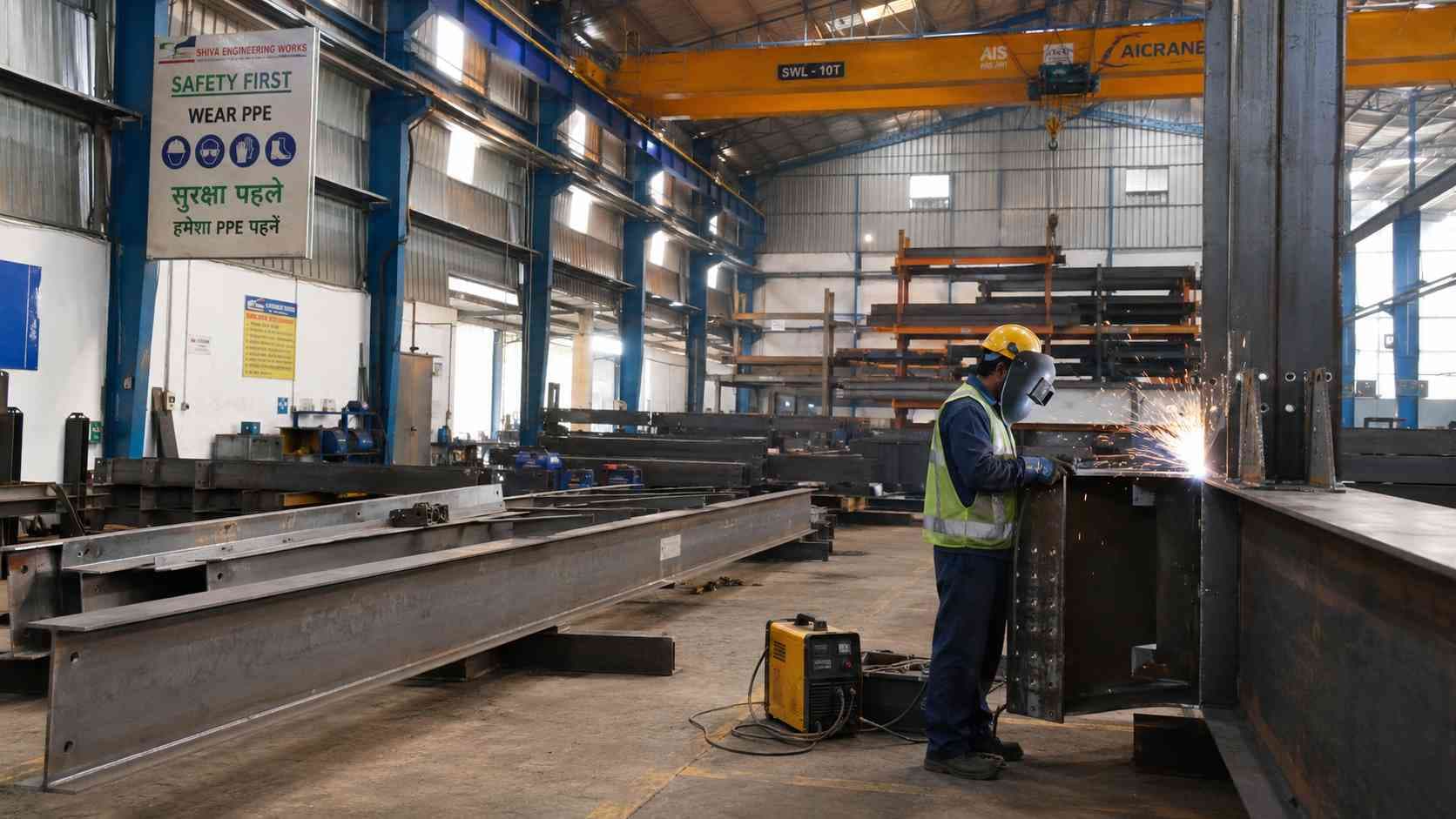 Steel portal frames being welded on the line inside SAMAN's in-house PEB fabrication plant