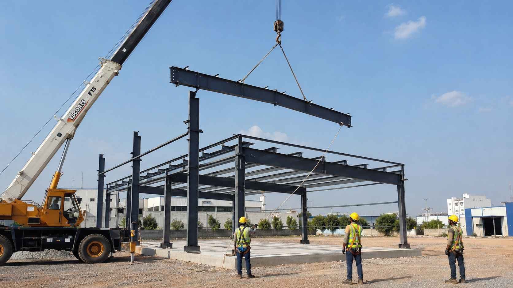 Crane lifting a steel rafter as a PEB building frame is erected by SAMAN's crew on an Indian site