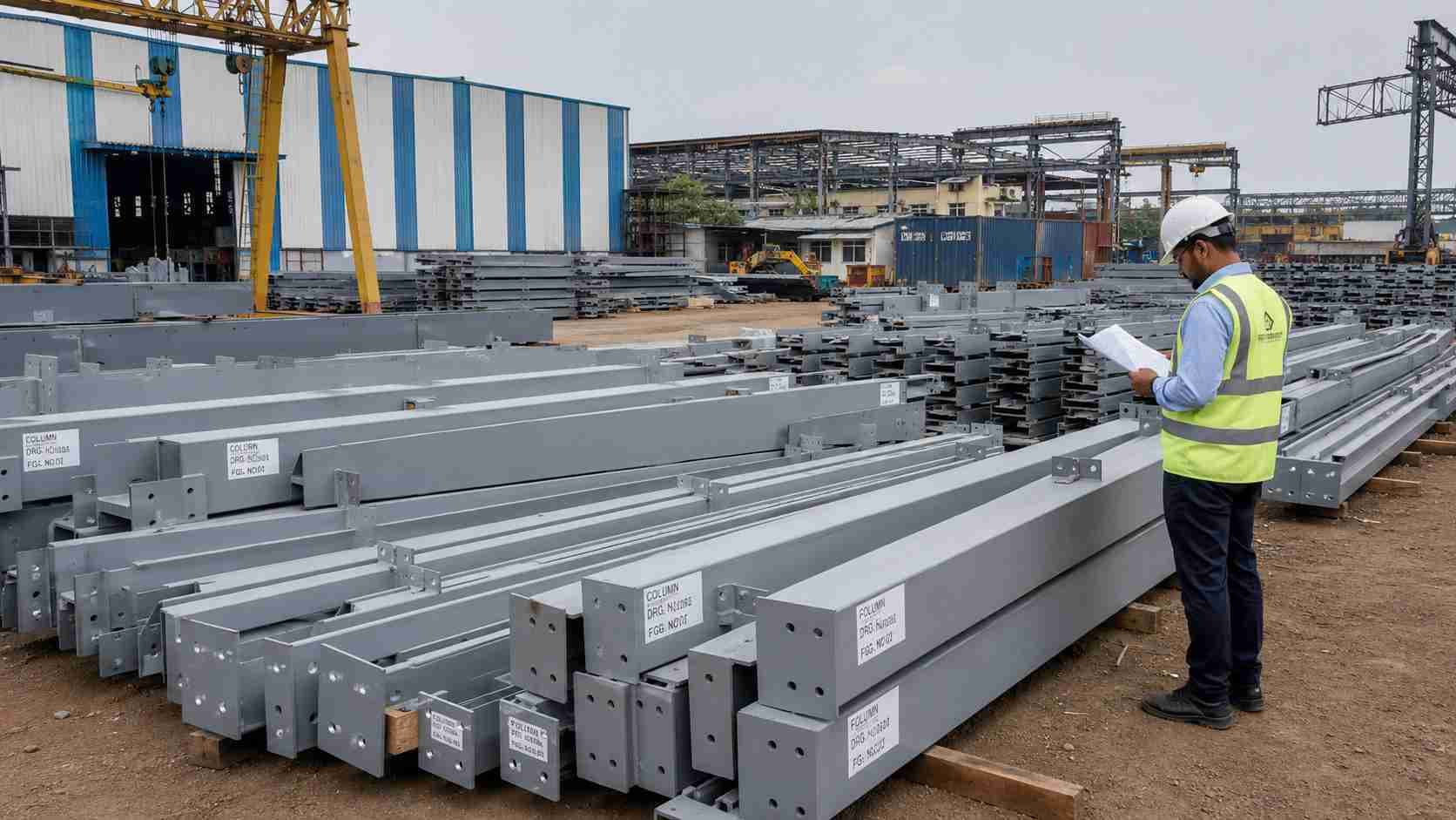 Primer-coated steel portal frames and purlins staged for dispatch with a worker checking against drawings