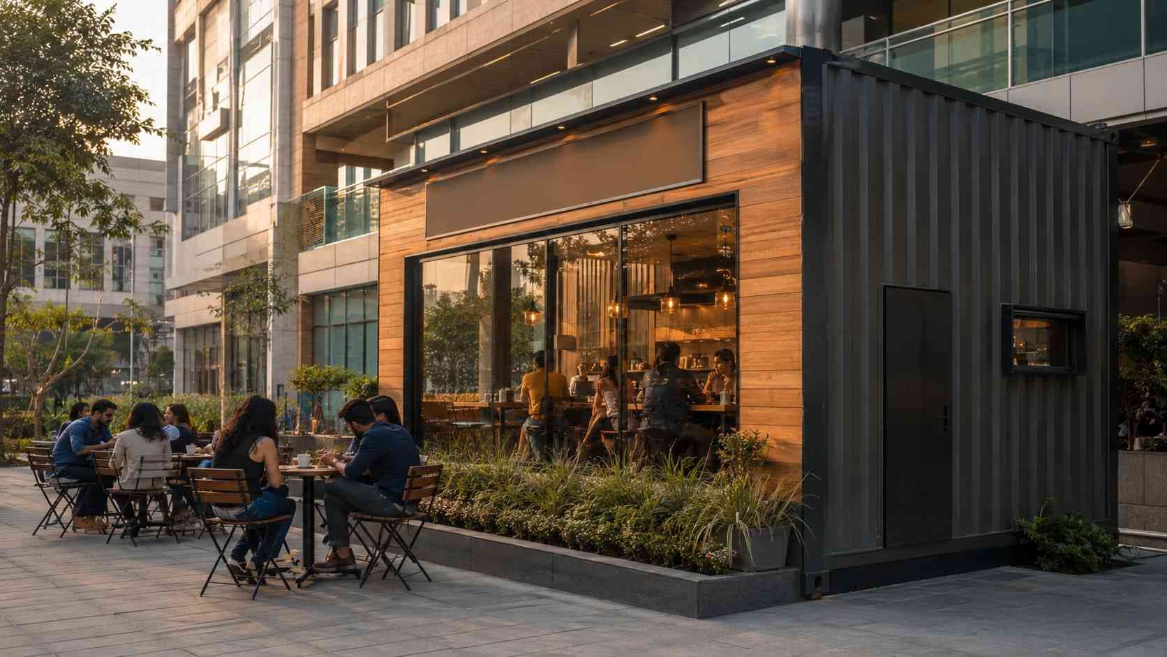 A SAMAN 30×20 portable cafe container deployed as a brand flagship at an Indian tier-1 commercial plaza with customers at outdoor seating