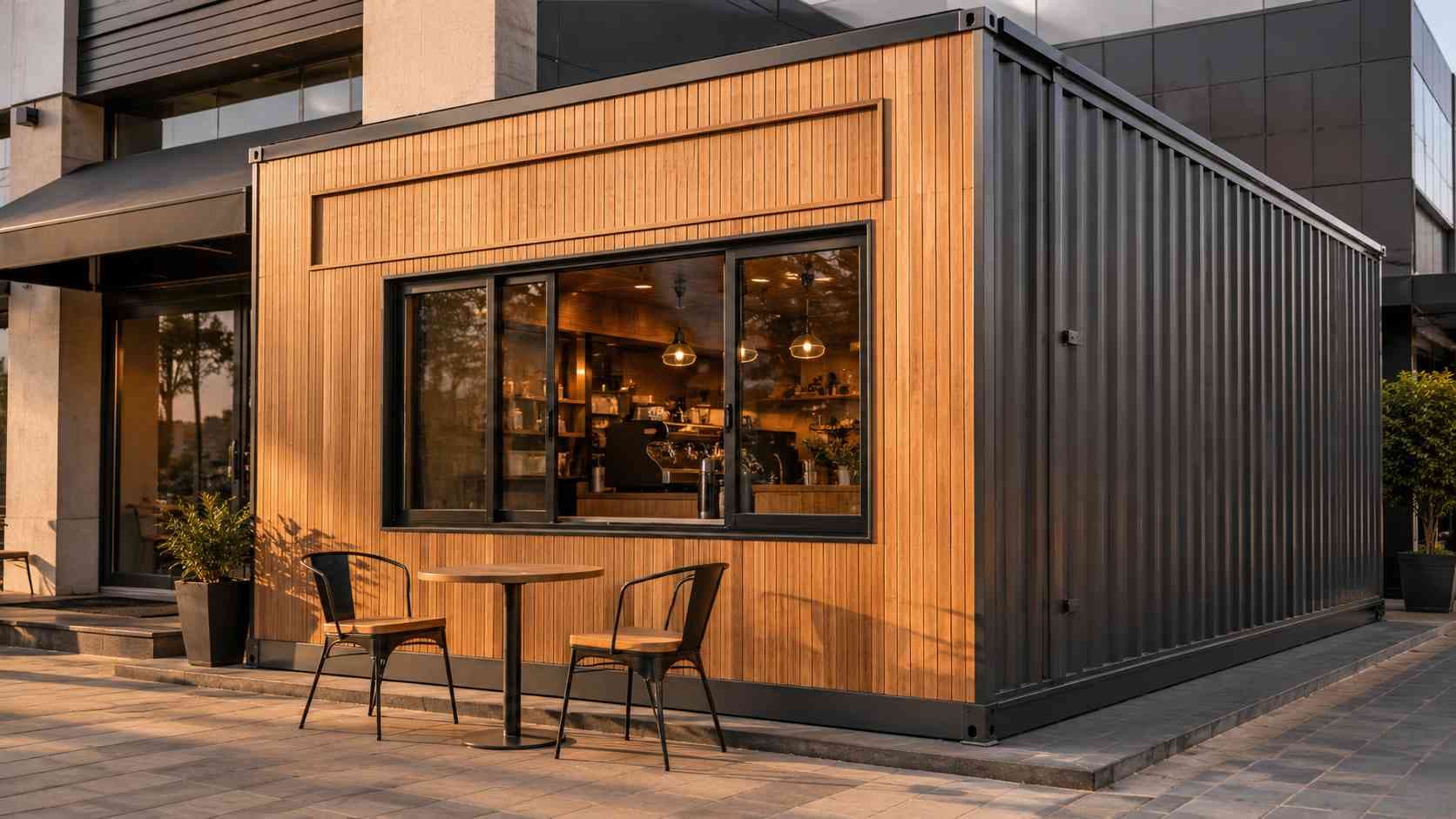 Steel-and-Wood exterior detail of a portable cafe container — wood cladding, framed glass-facade, and signage zone at a tier-1 storefront