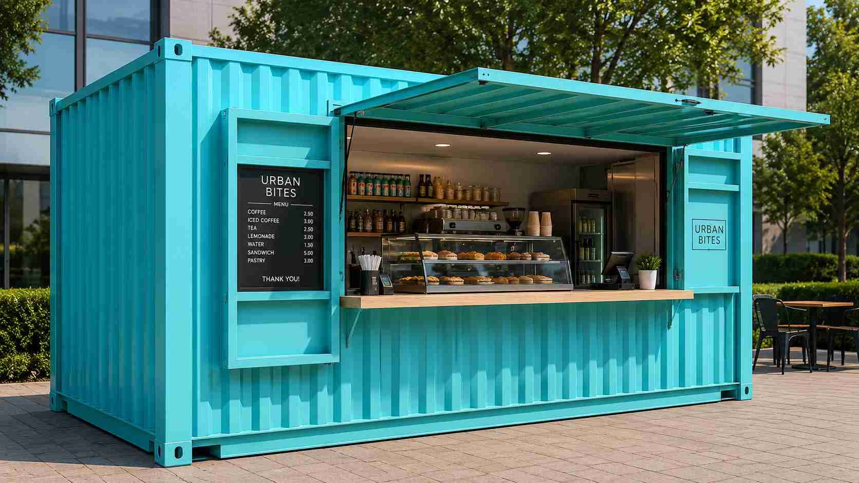 Portable shop cabin as permanent commercial kiosk — teal finish, open display counter with food items, menu board and branded signage panel