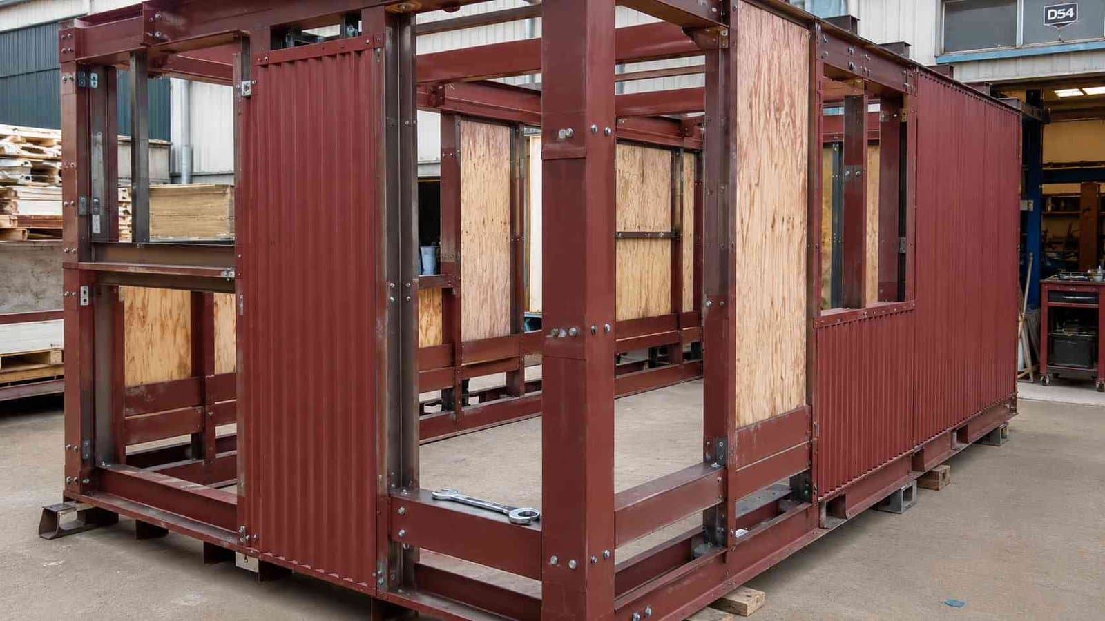 Bolted steel frame and wood infill panels of a burgundy portable shed during assembly