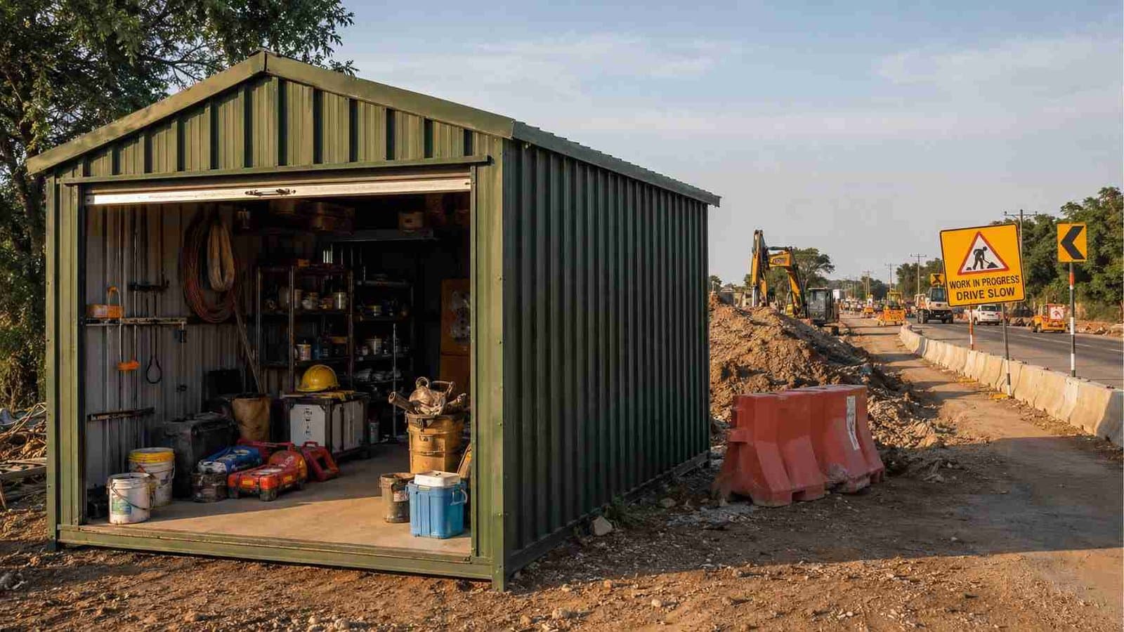Forest-green portable shed used for storage at an active highway construction site