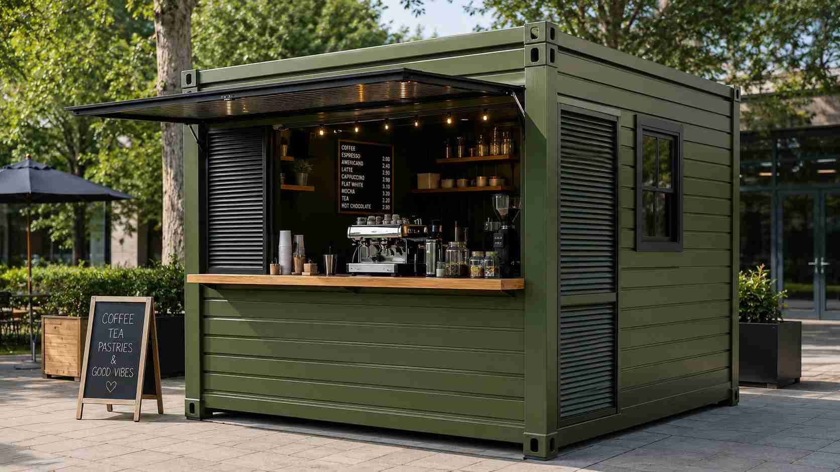 8x10 ft portable shop cabin kiosk in park — single-operator retail unit with rolling shutter and display counter, olive green