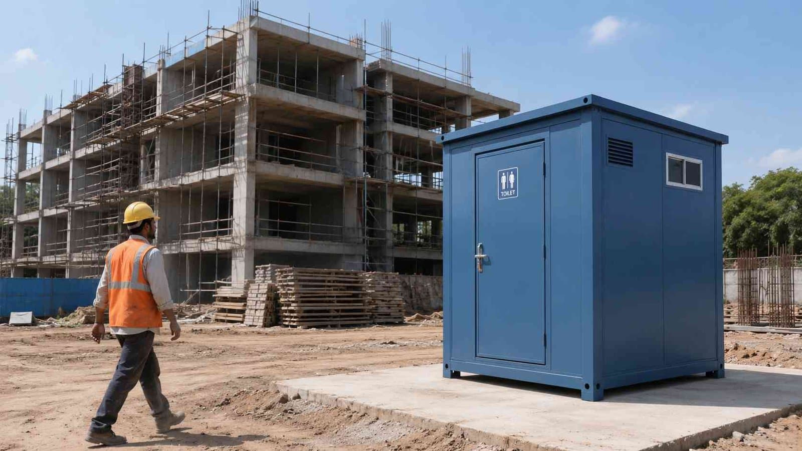 Steel blue portable toilet cabin at an Indian construction site with a worker in safety gear nearby