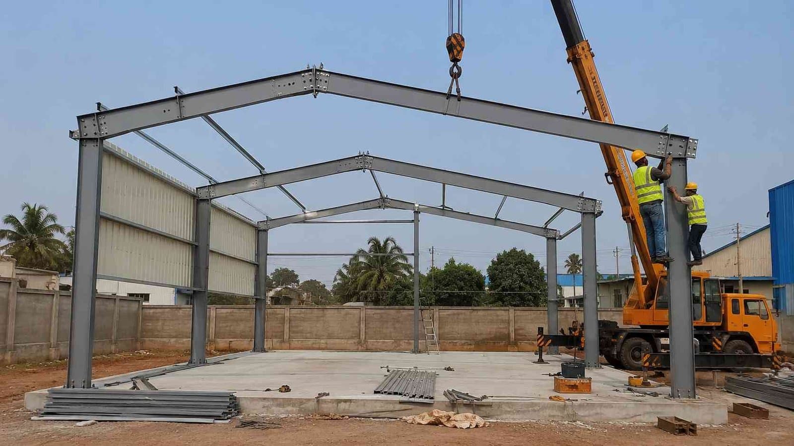 Steel-grey portal frames of a pre-engineering structure being bolted onto a foundation with a small crane.