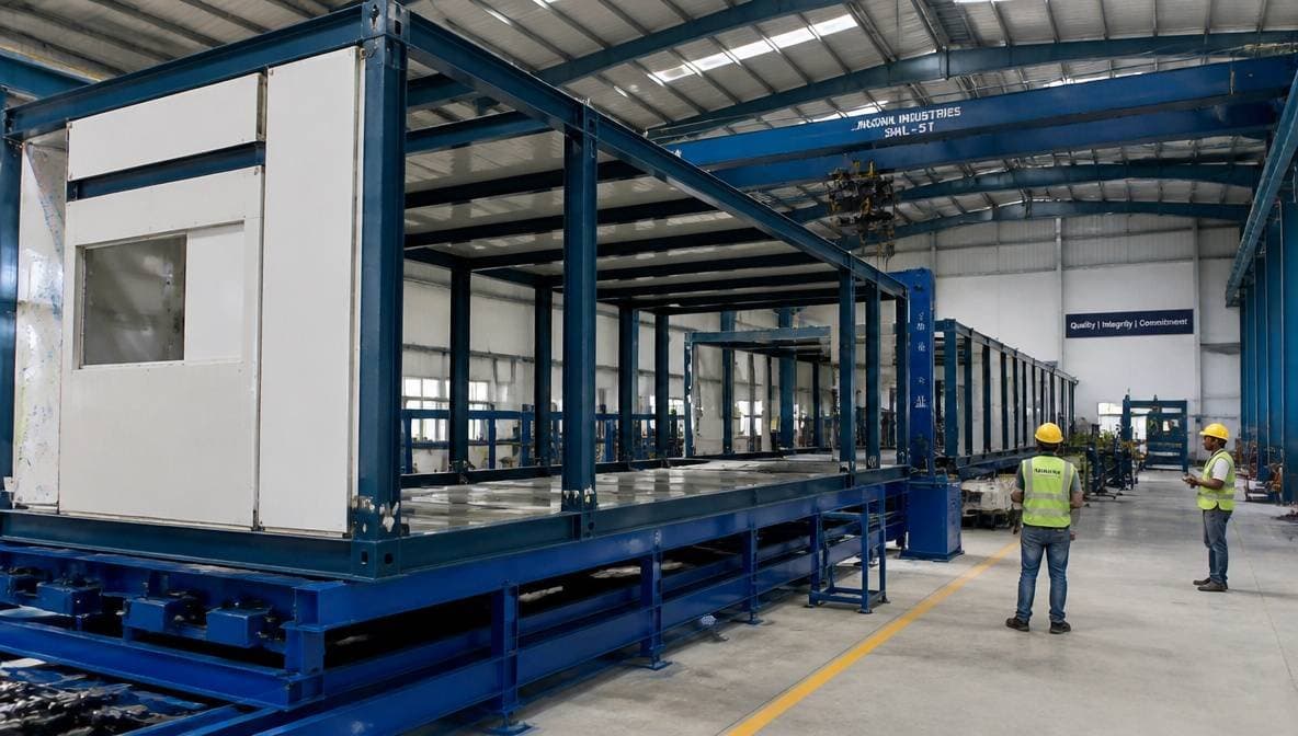 Workers assembling prefab building steel frames and PUF panels inside a SAMAN fabrication plant.