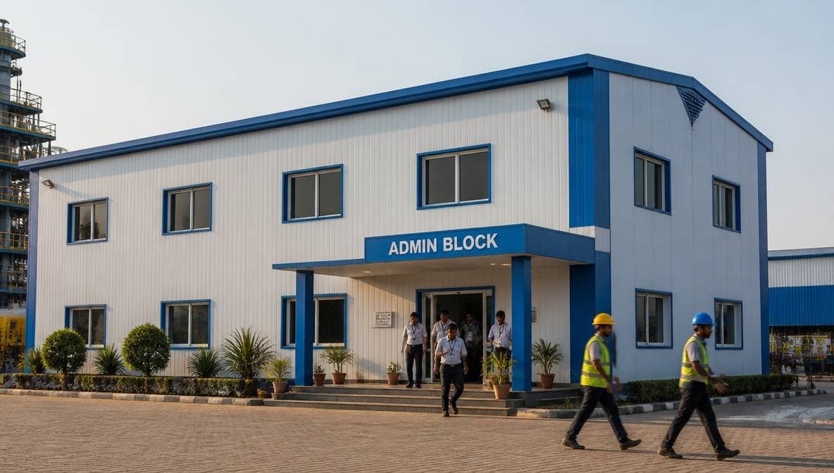 Prefab building used as an admin block on an Indian factory campus with staff at the entrance.