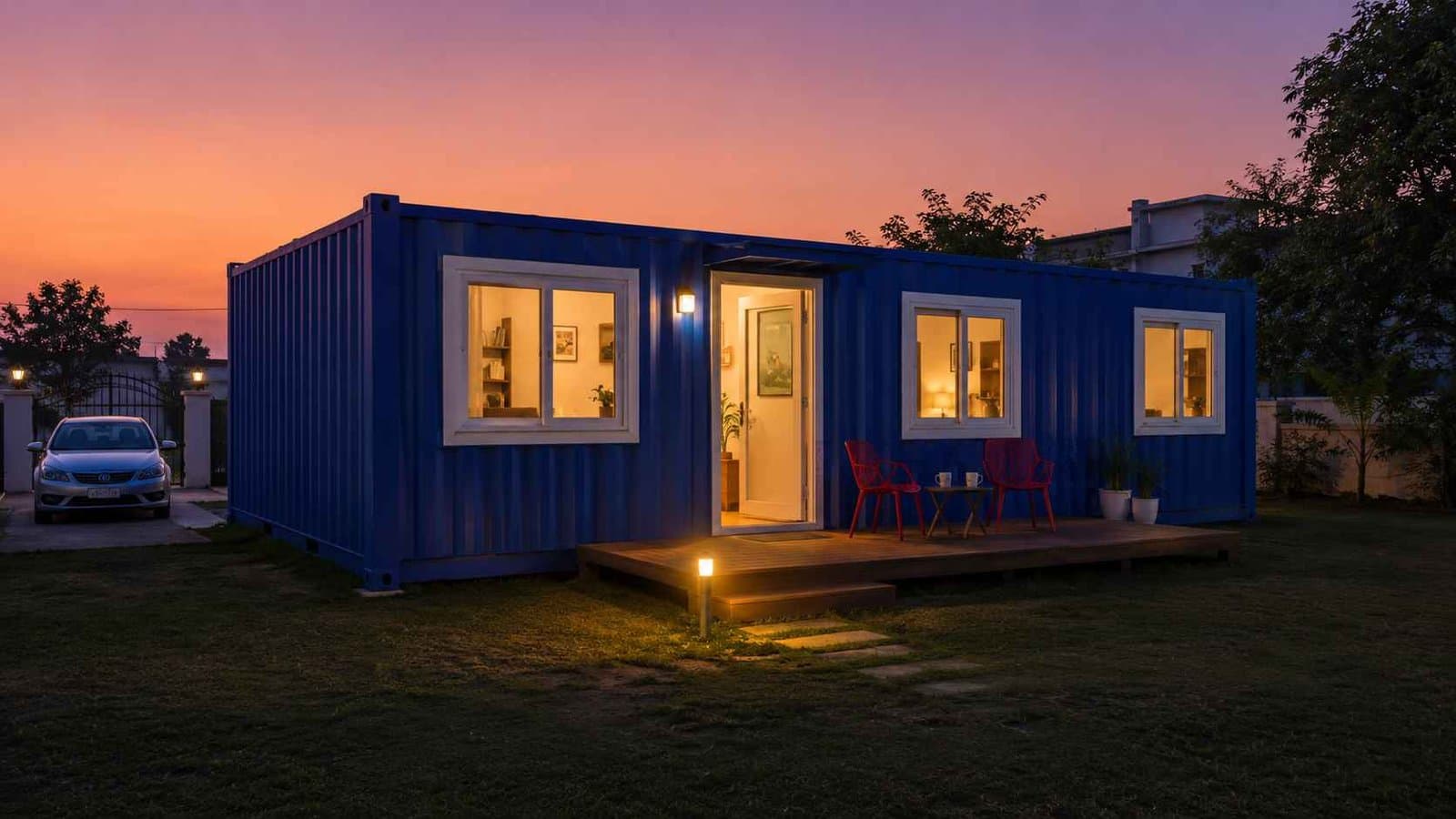 SAMAN Royal Cobalt prefab container home at dusk with warmly lit interior windows, occupied as a family residence in India.