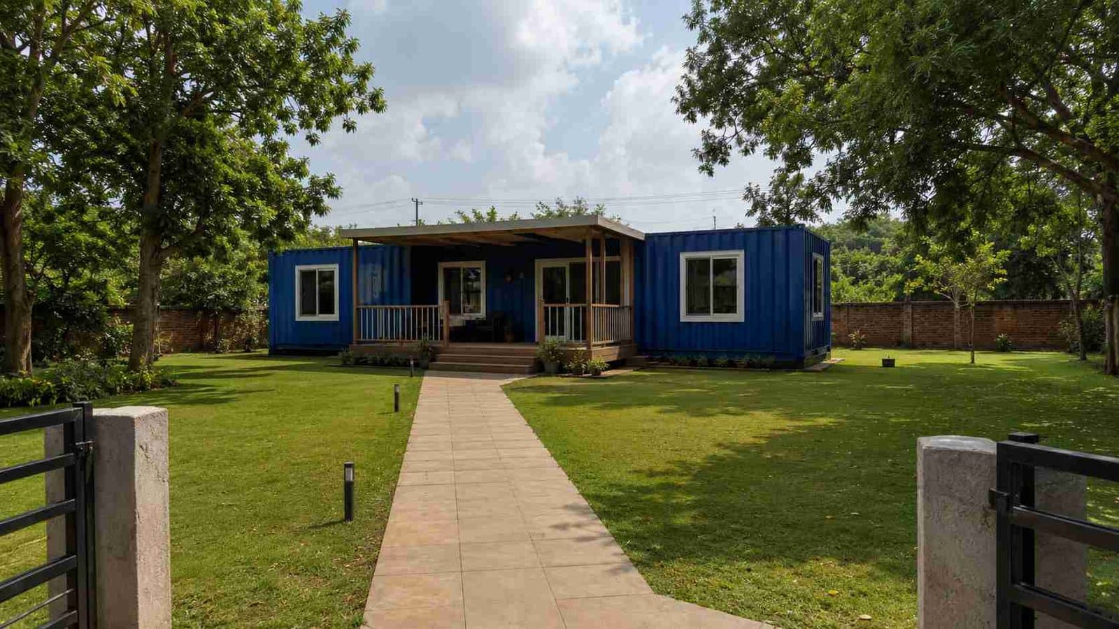 Single SAMAN Royal Cobalt prefab container home placed on a private residential plot in India with paved approach path and mature trees.