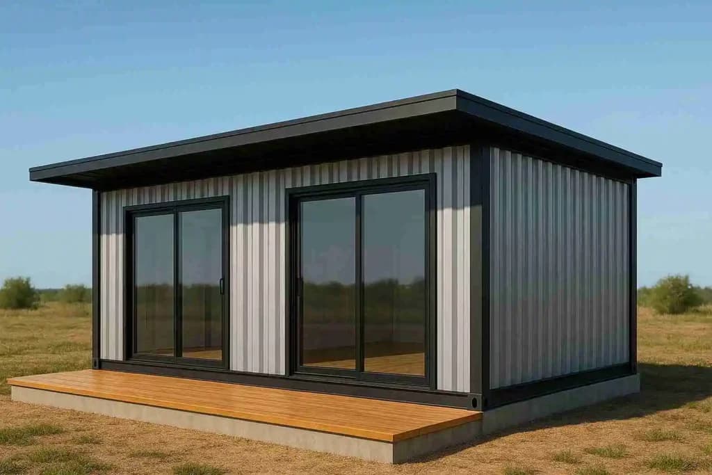 Grey prefab house in Bangalore with wooden deck
