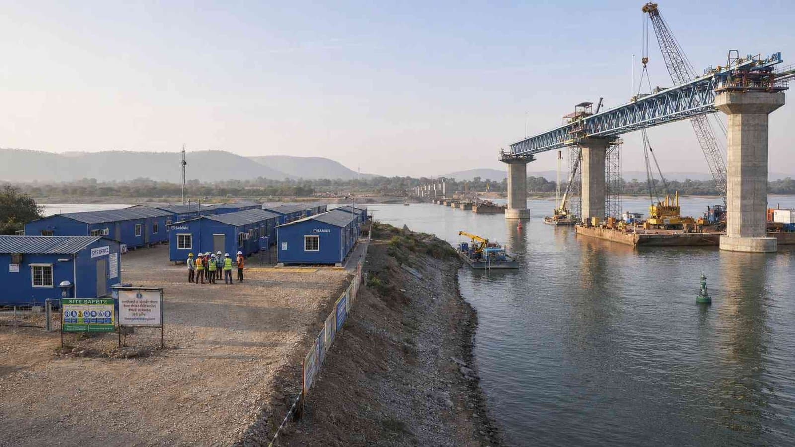 SAMAN prefab labor camp deployed at a river-crossing bridge construction project in India