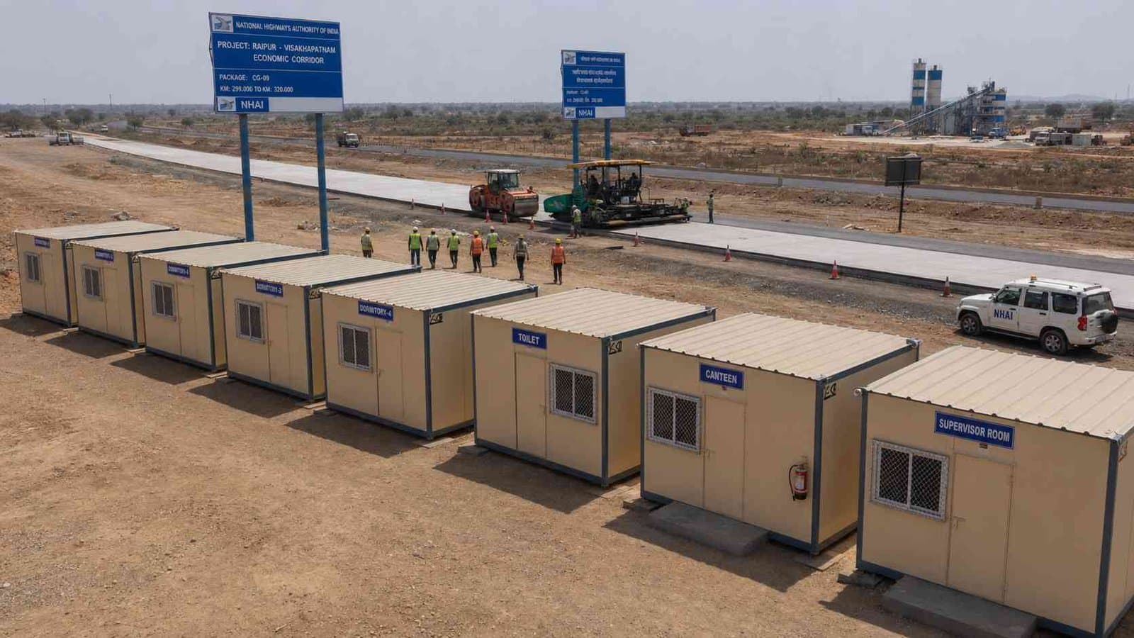 SAMAN prefab labor camp beside an active NHAI national highway construction project in India
