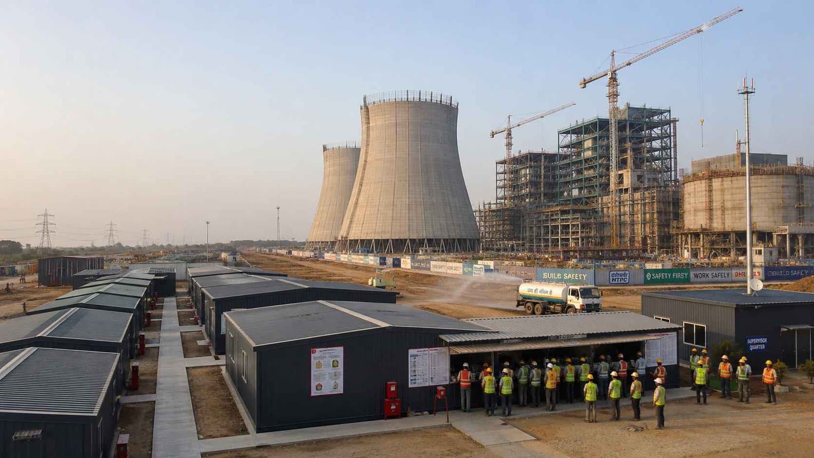 SAMAN prefab labor camp at a thermal power plant construction project in India during evening shift change