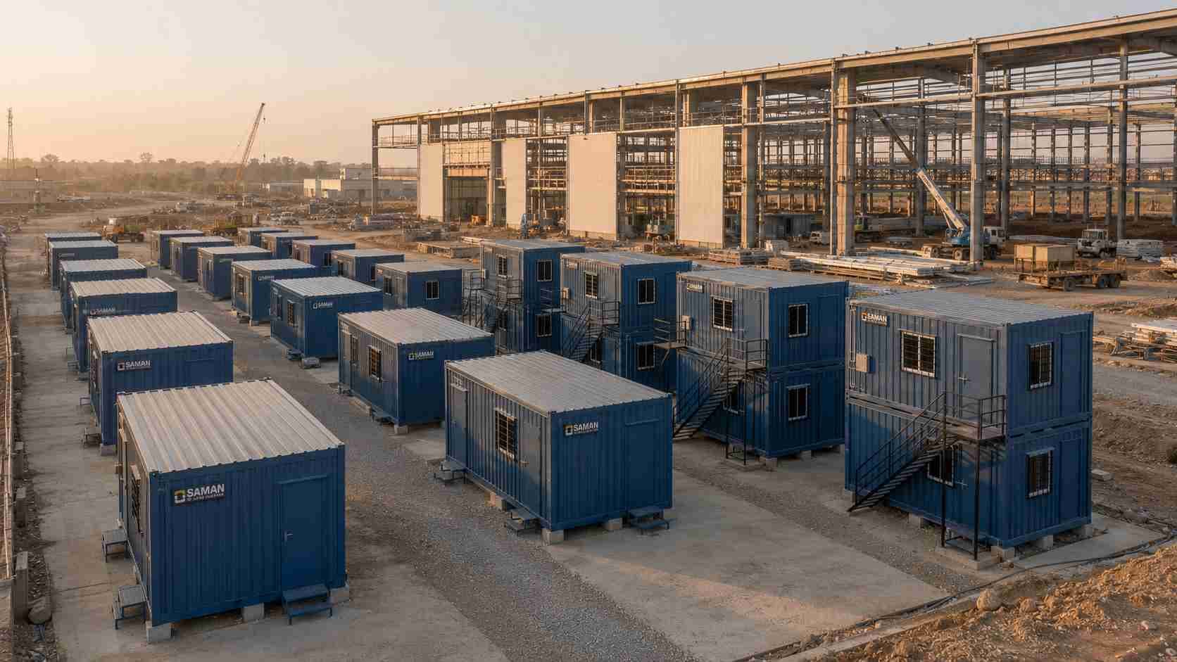 Steel Blue SAMAN prefab labor hutments in three rows at an industrial warehouse construction project.