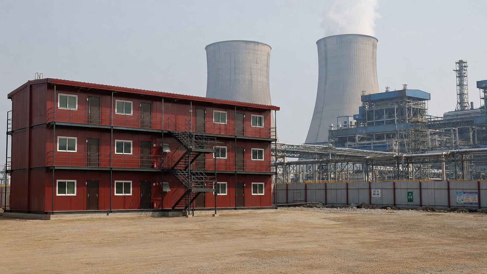 Burgundy red G+2 prefab labor shed at an Indian thermal power plant construction project with cooling towers and boiler-house structures in the background