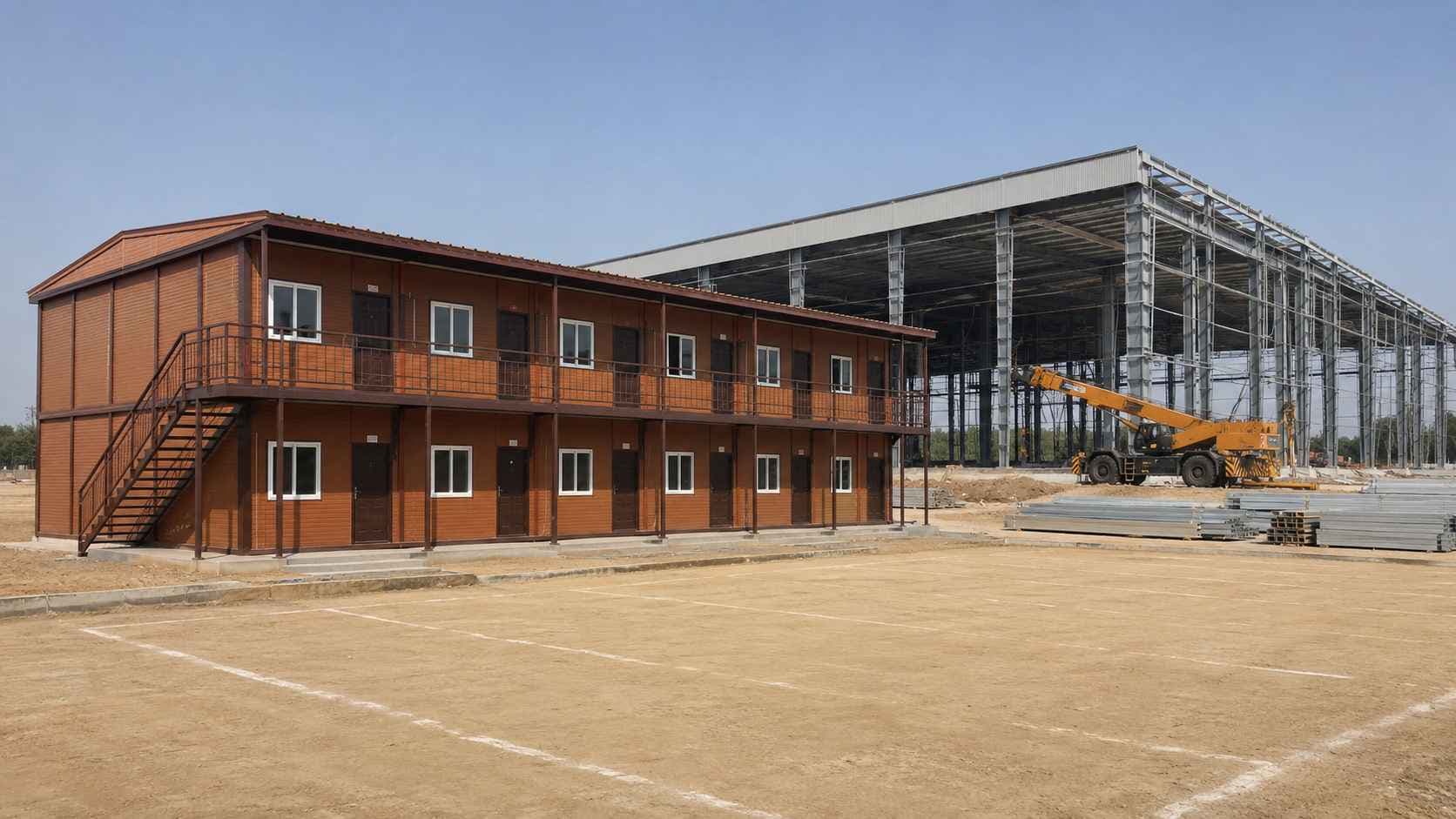 Brick terracotta G+1 prefab labor shed at an Indian warehouse construction project with steel-frame warehouse shell and mobile crane in the background