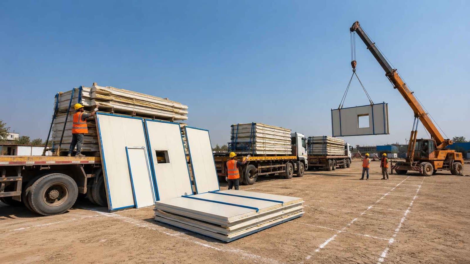Batched truck delivery of a prefab labour colony to an Indian construction site