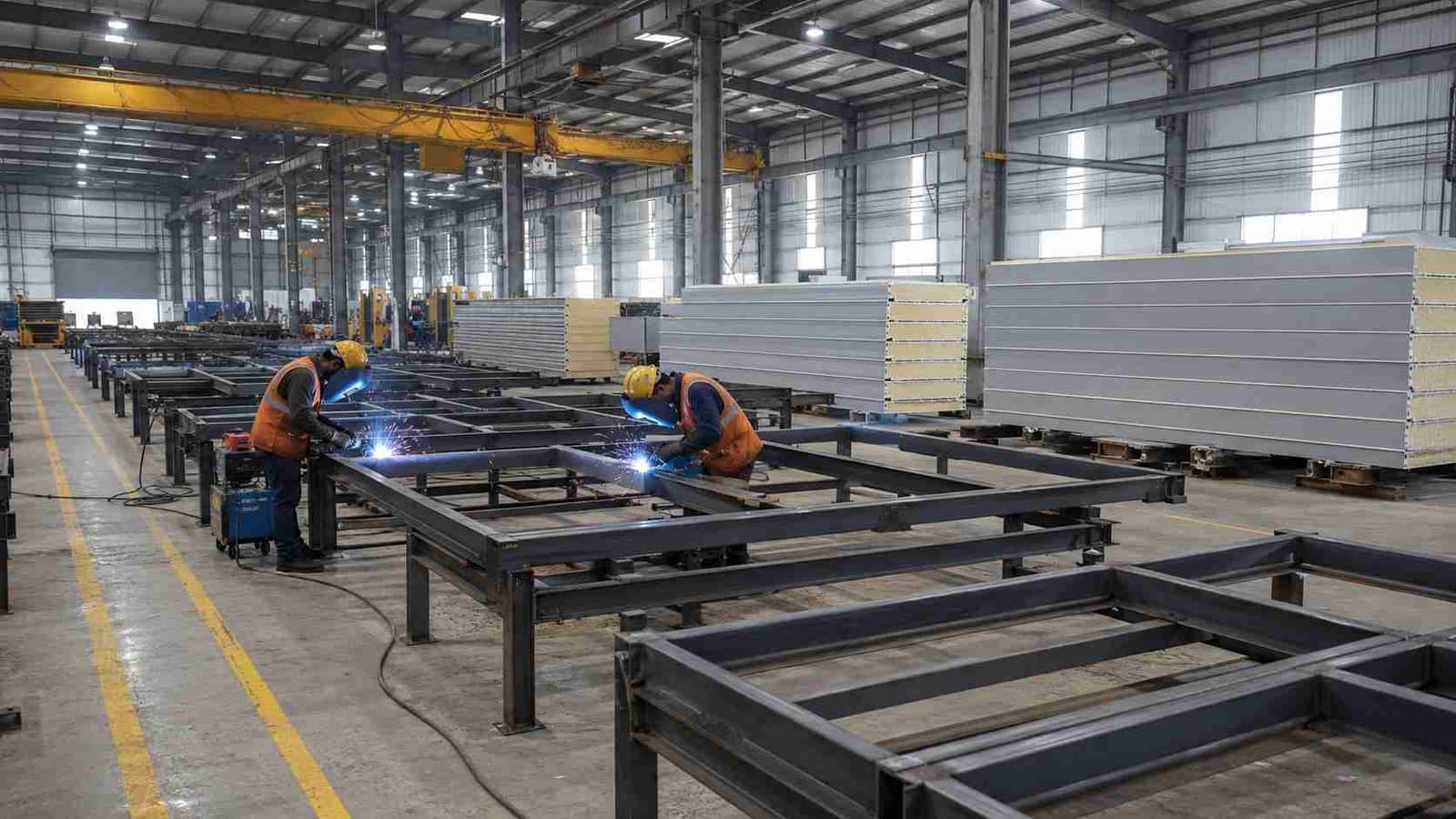 Factory fabrication of MS frames and PUF panels for a SAMAN prefab labour colony