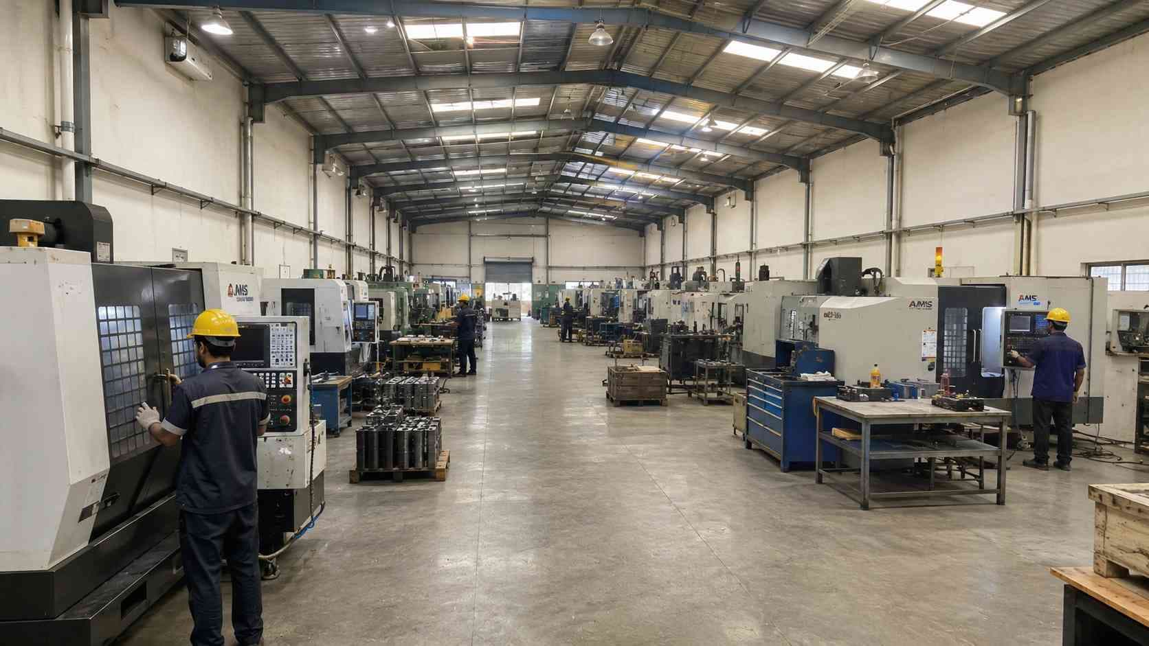 Column-free production floor inside a prefab manufacturing building with two machine rows and a central aisle.