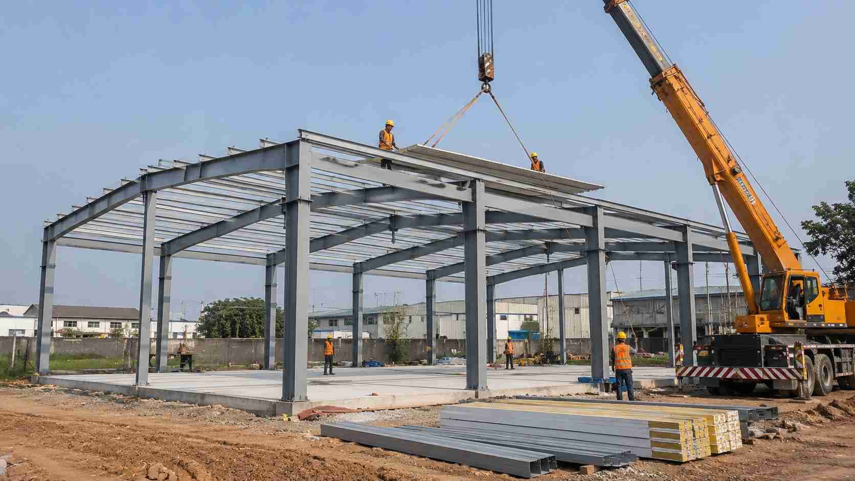 Workers in orange vests erecting the steel frame of a prefab manufacturing building beside a cured slab.