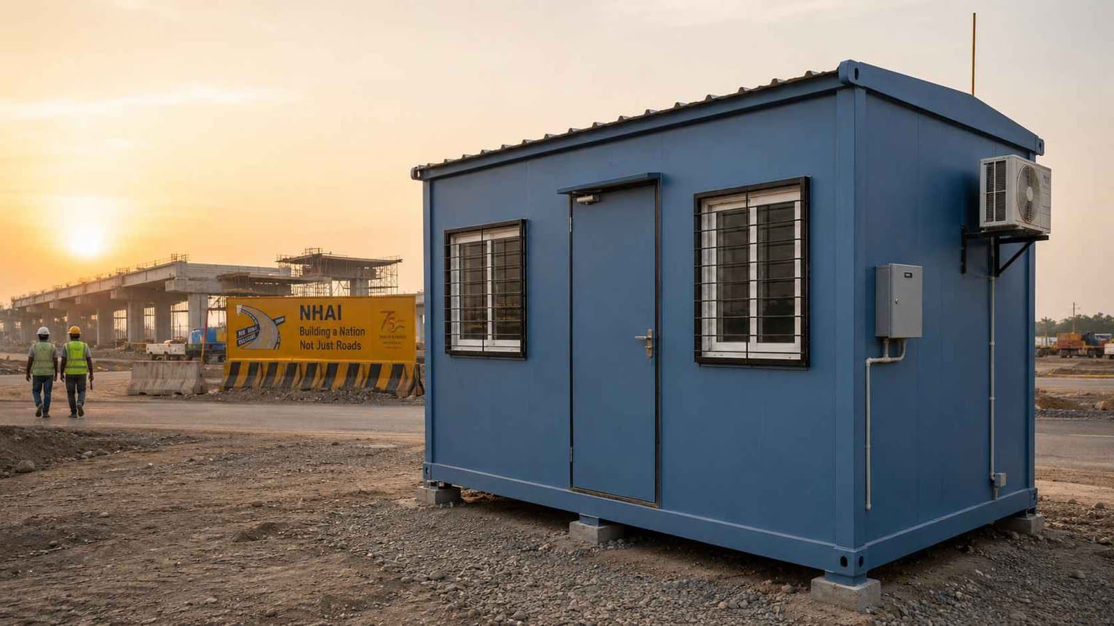 Steel Blue SAMAN cabin at NHAI highway construction site with workers walking past in high-vis vests.