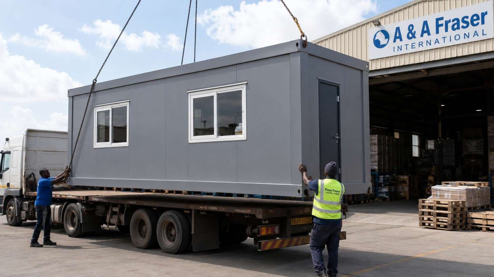 Steel grey prefab office building delivered on a flatbed at a warehouse logistics yard