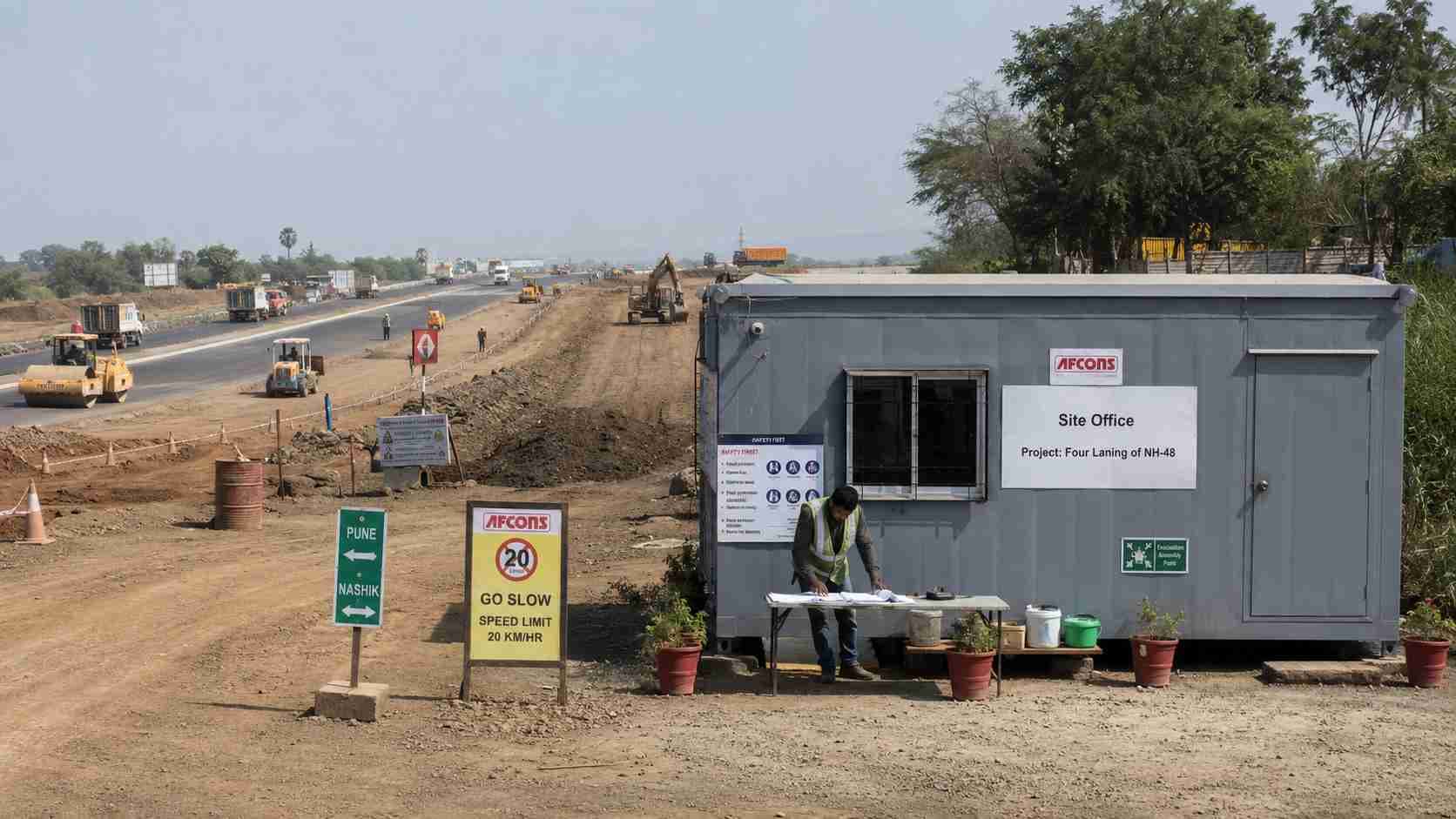 Steel grey prefab site office at a highway construction project in India.