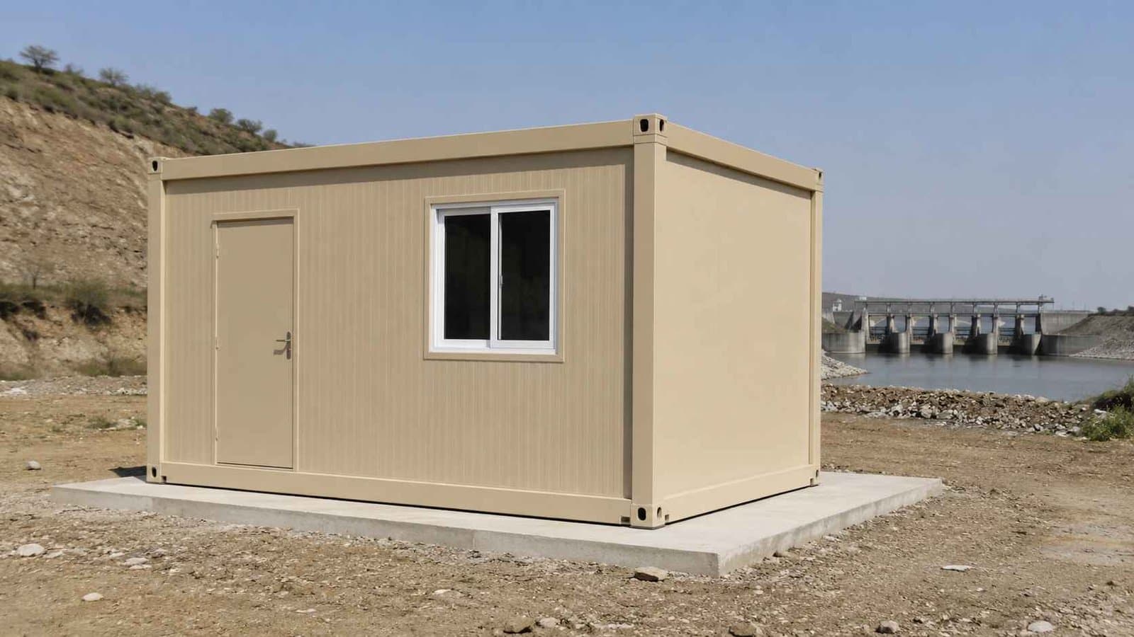 A sandstone-beige prefabricated bunkhouse on a base near a dam and canal earthwork.