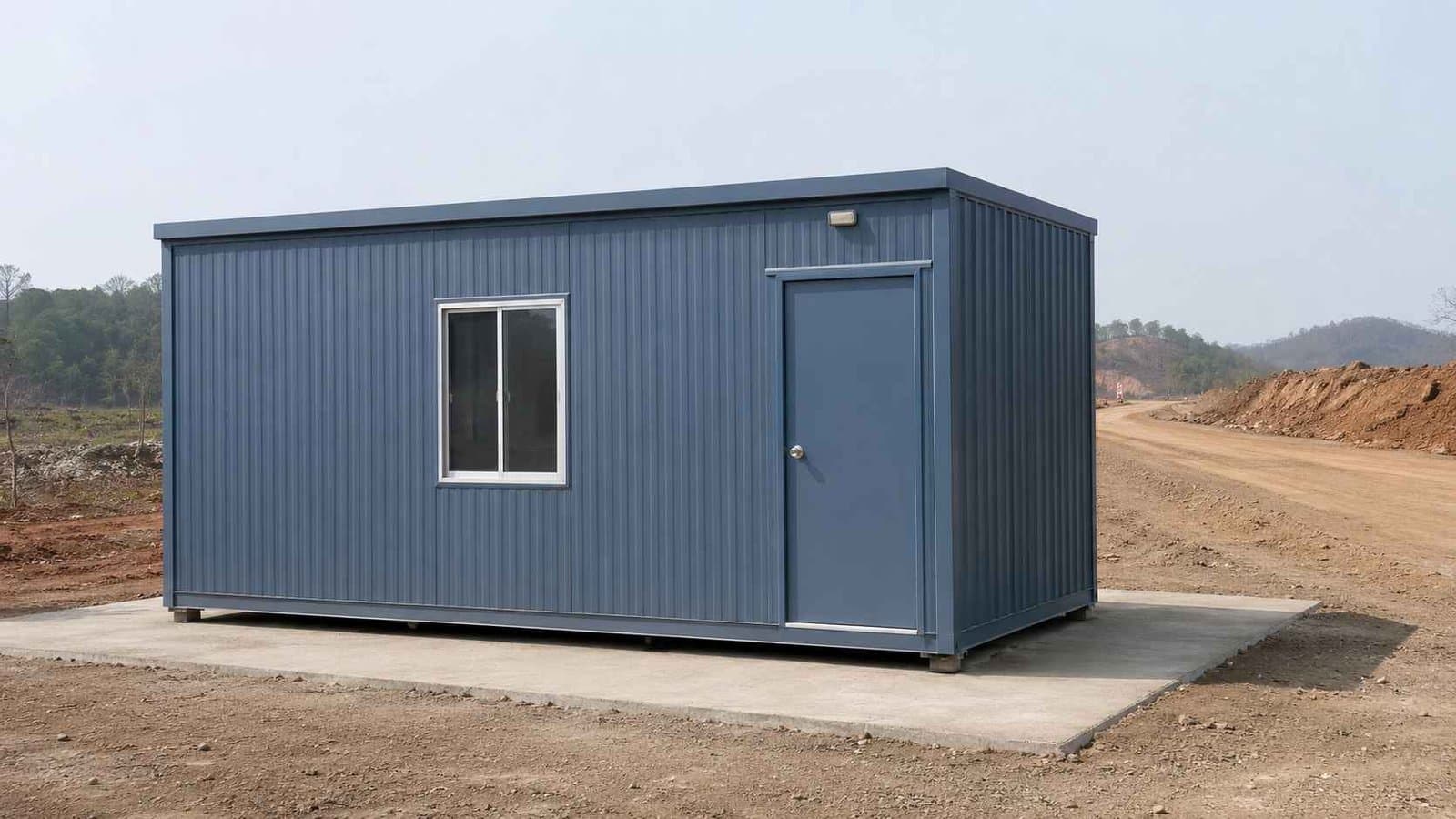 A steel-blue prefabricated bunkhouse beside a highway construction package on open ground.
