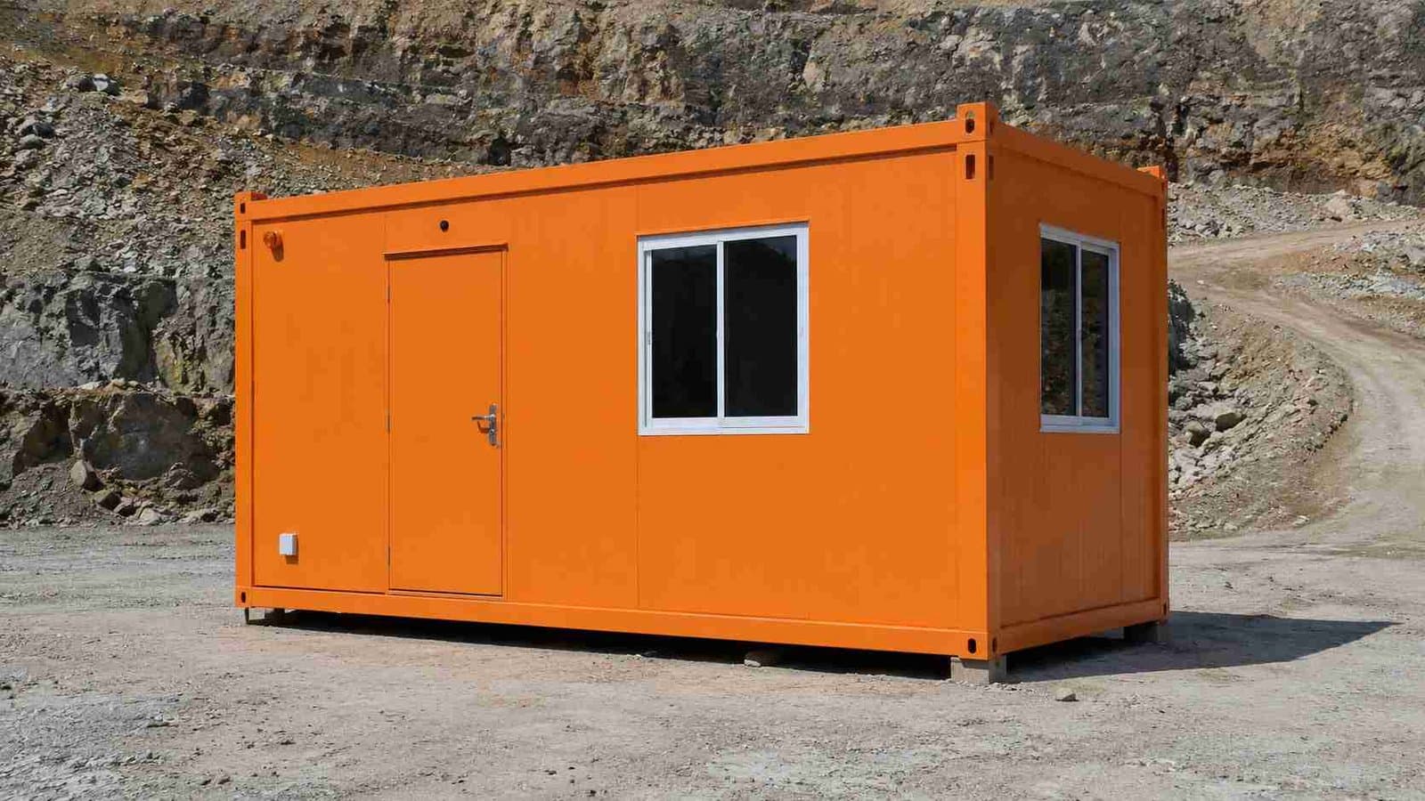A safety-orange prefabricated bunkhouse on a pad at a mining lease with rock benches behind.