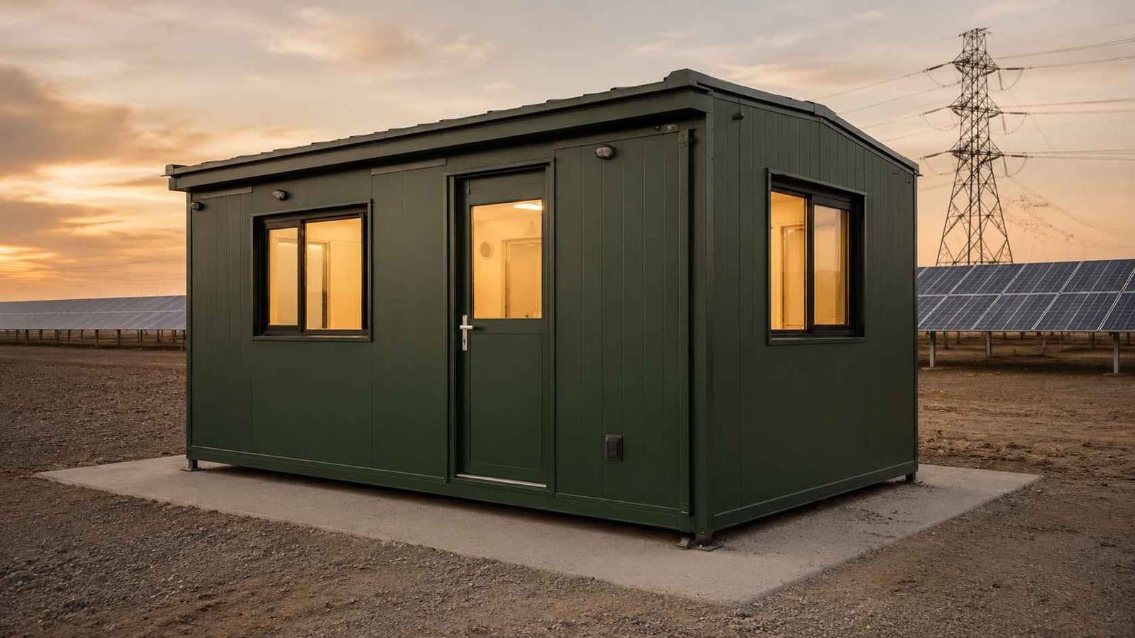 A forest green prefabricated bunkhouse lit at dusk along a transmission-line infrastructure spread.